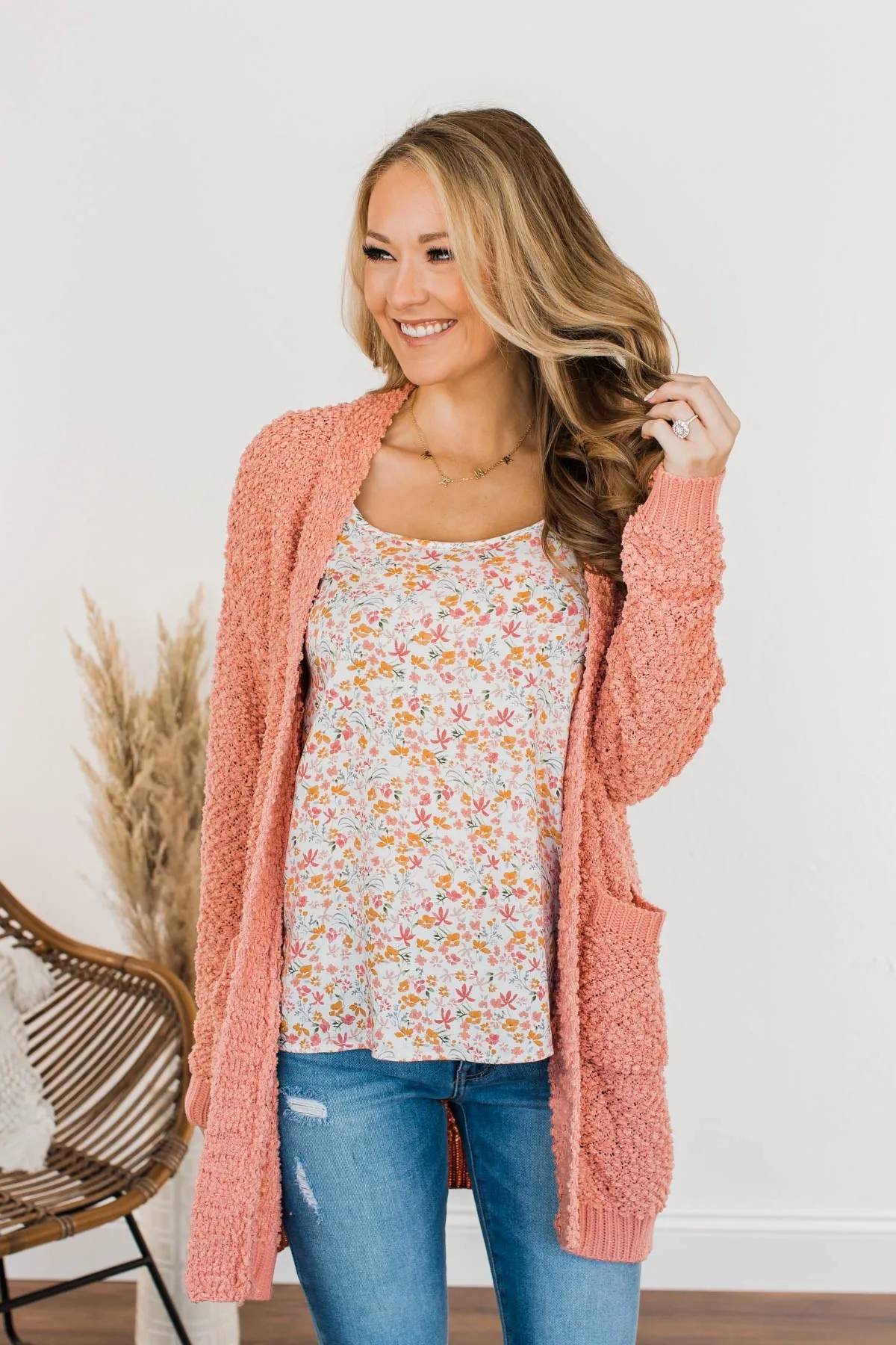 Movie Date Popcorn Knit Cardigan- Dusty Peach