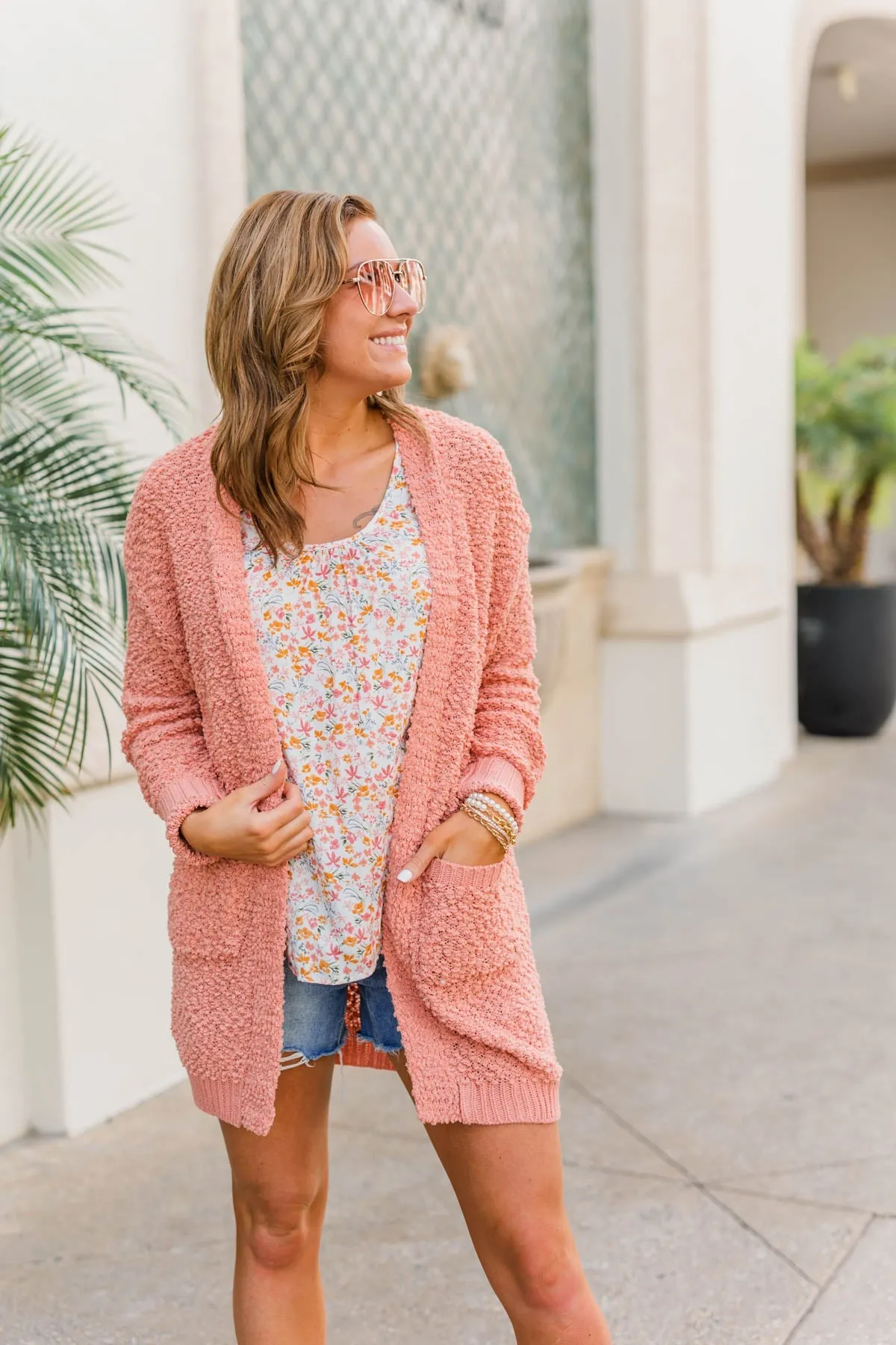 Movie Date Popcorn Knit Cardigan- Dusty Peach