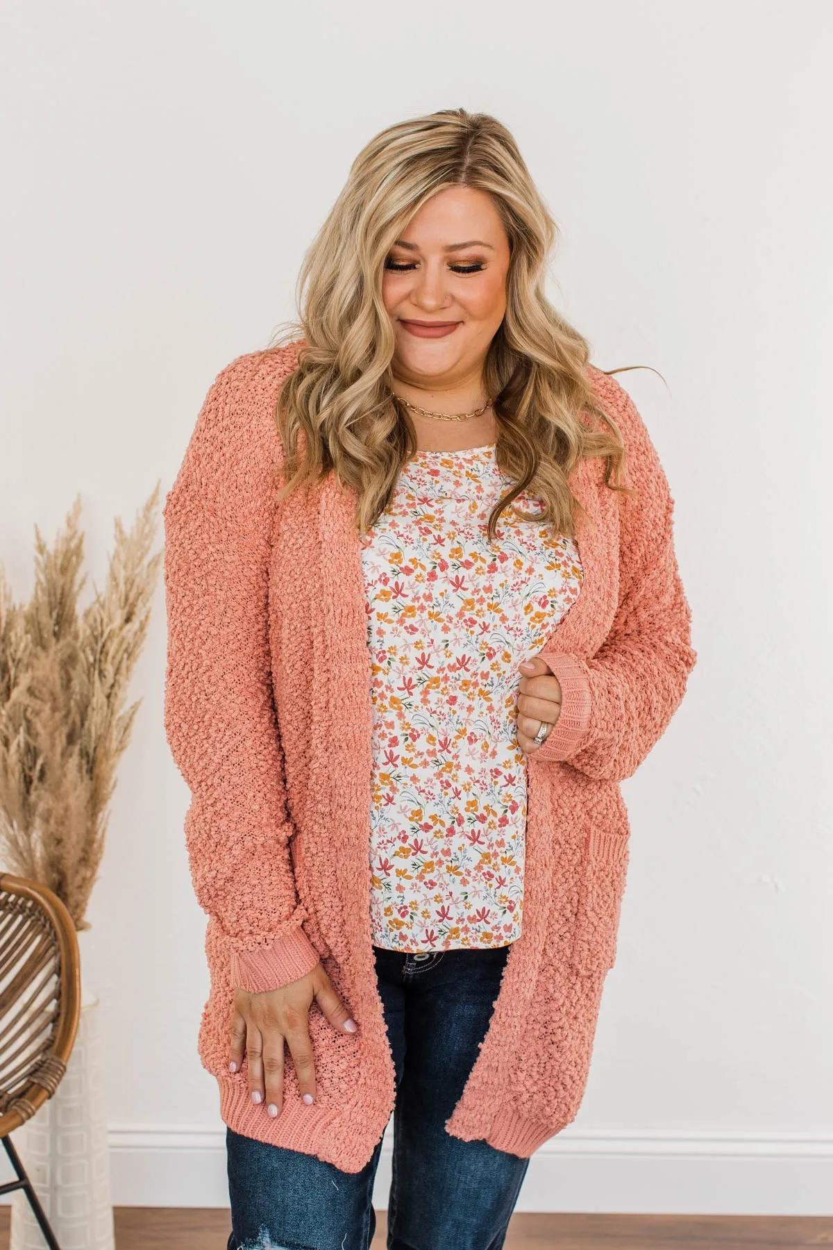 Movie Date Popcorn Knit Cardigan- Dusty Peach