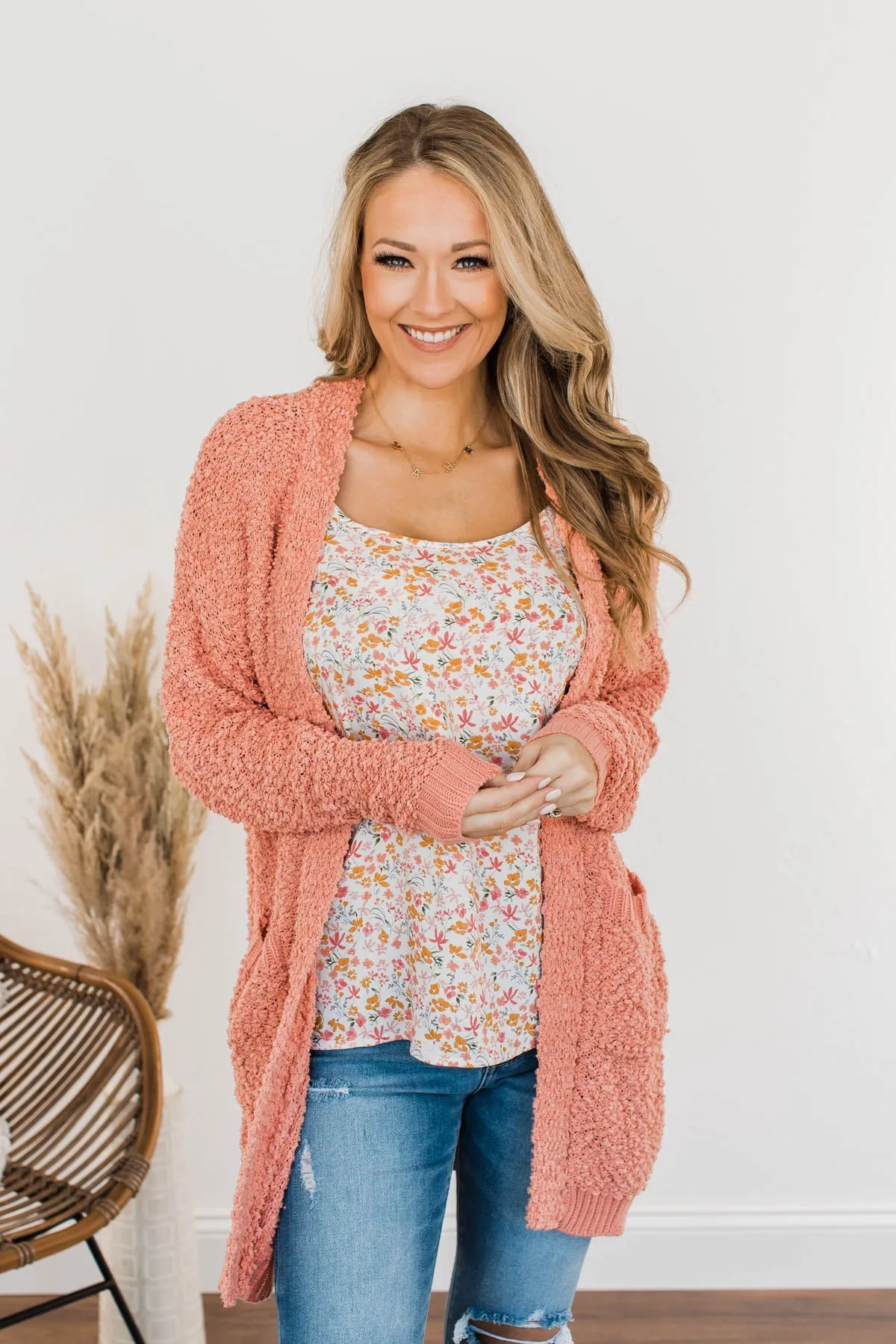 Movie Date Popcorn Knit Cardigan- Dusty Peach