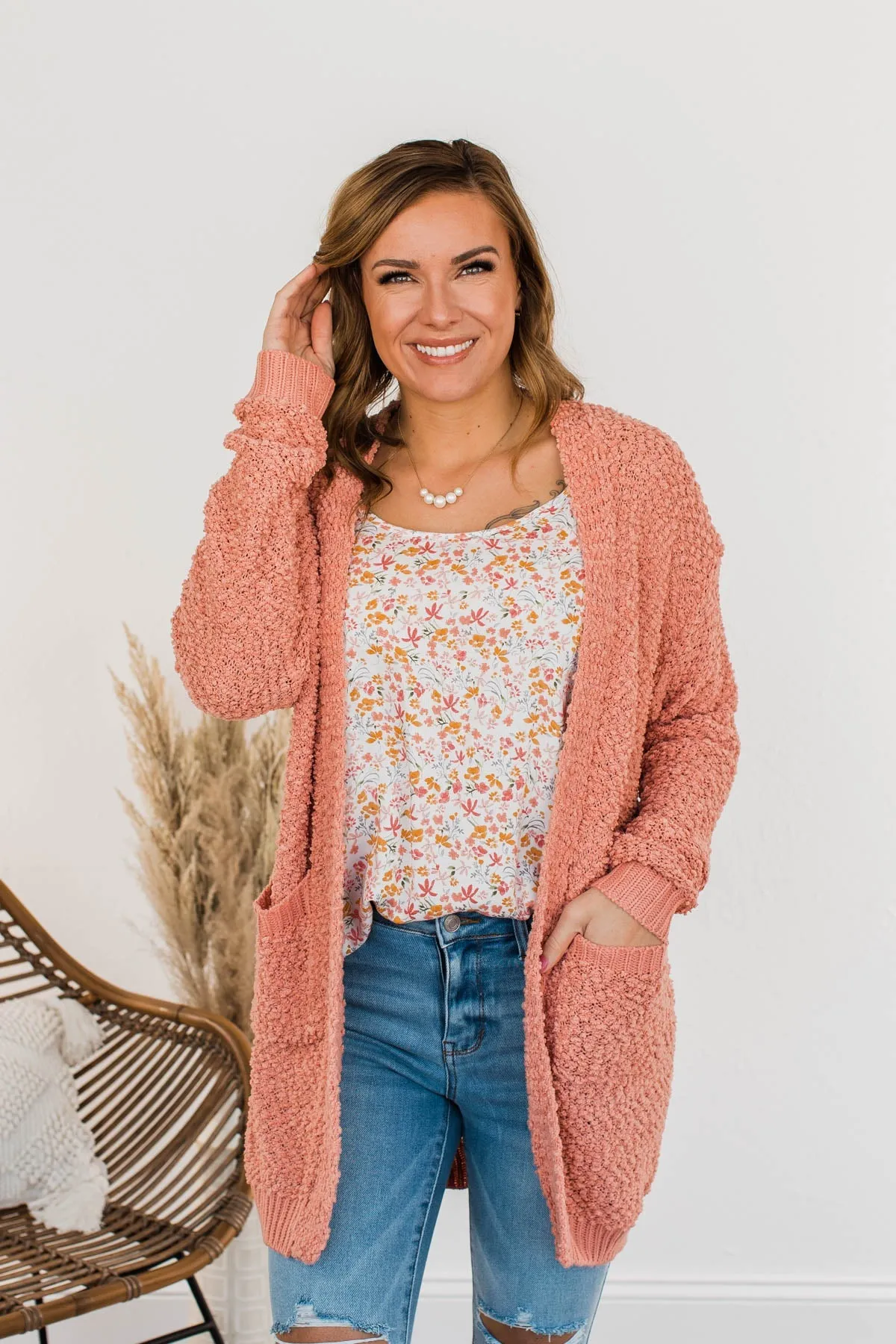 Movie Date Popcorn Knit Cardigan- Dusty Peach