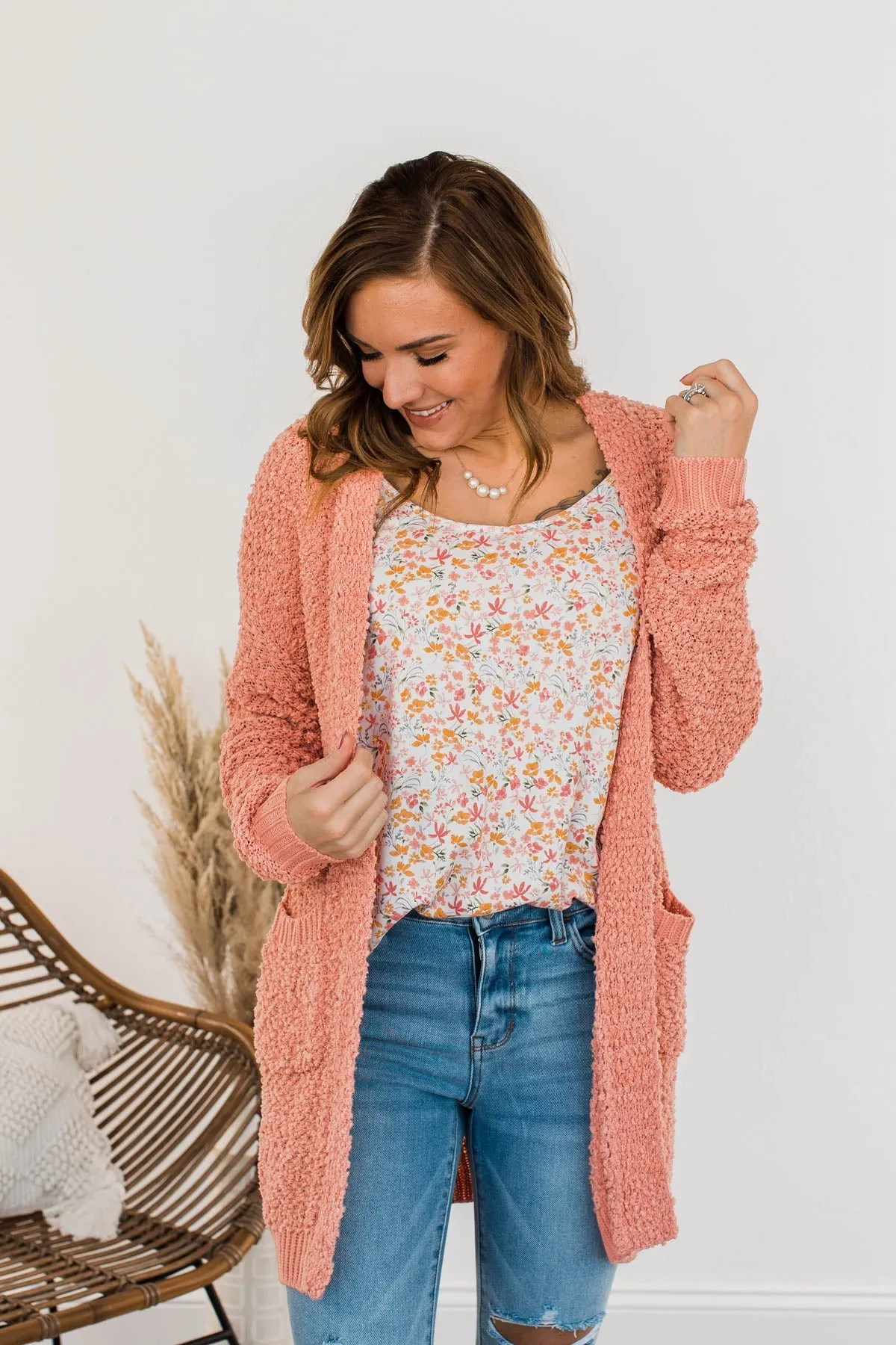 Movie Date Popcorn Knit Cardigan- Dusty Peach