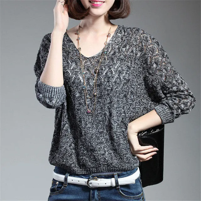 New Autumn Female Knitting Sweater Plus Size Hollow out Thin Knittedwear Long Sleeve V-neck Pullovers 71306 GS