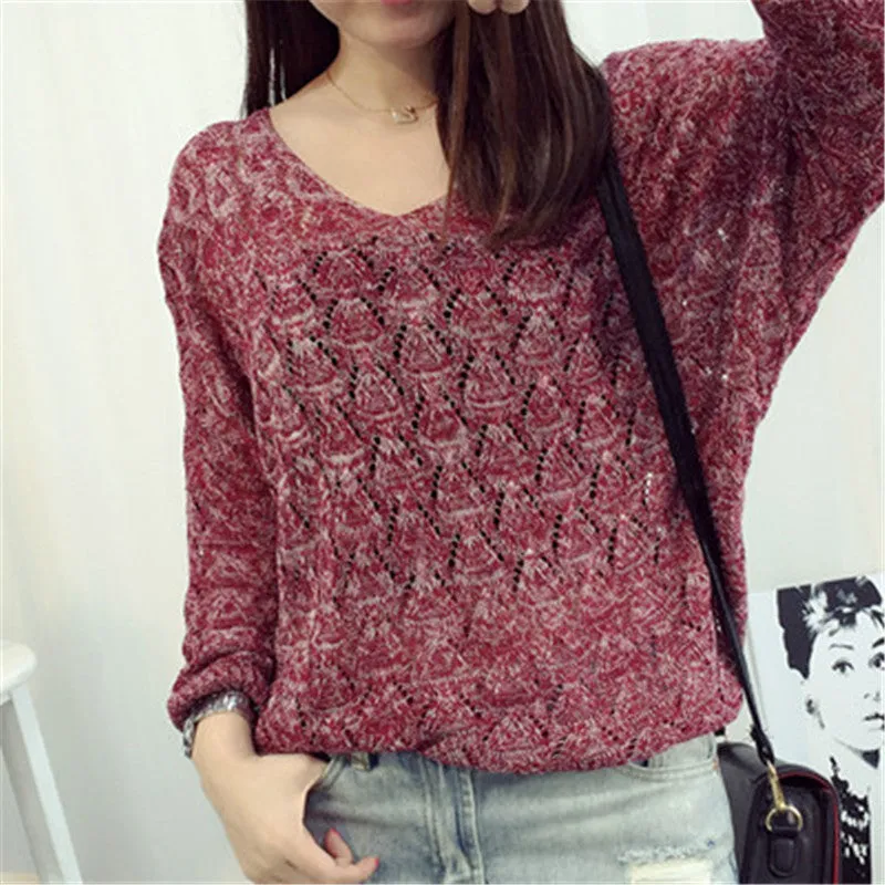 New Autumn Female Knitting Sweater Plus Size Hollow out Thin Knittedwear Long Sleeve V-neck Pullovers 71306 GS