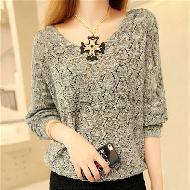 New Autumn Female Knitting Sweater Plus Size Hollow out Thin Knittedwear Long Sleeve V-neck Pullovers 71306 GS