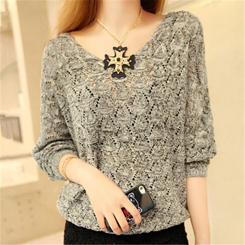 New Autumn Female Knitting Sweater Plus Size Hollow out Thin Knittedwear Long Sleeve V-neck Pullovers 71306 GS