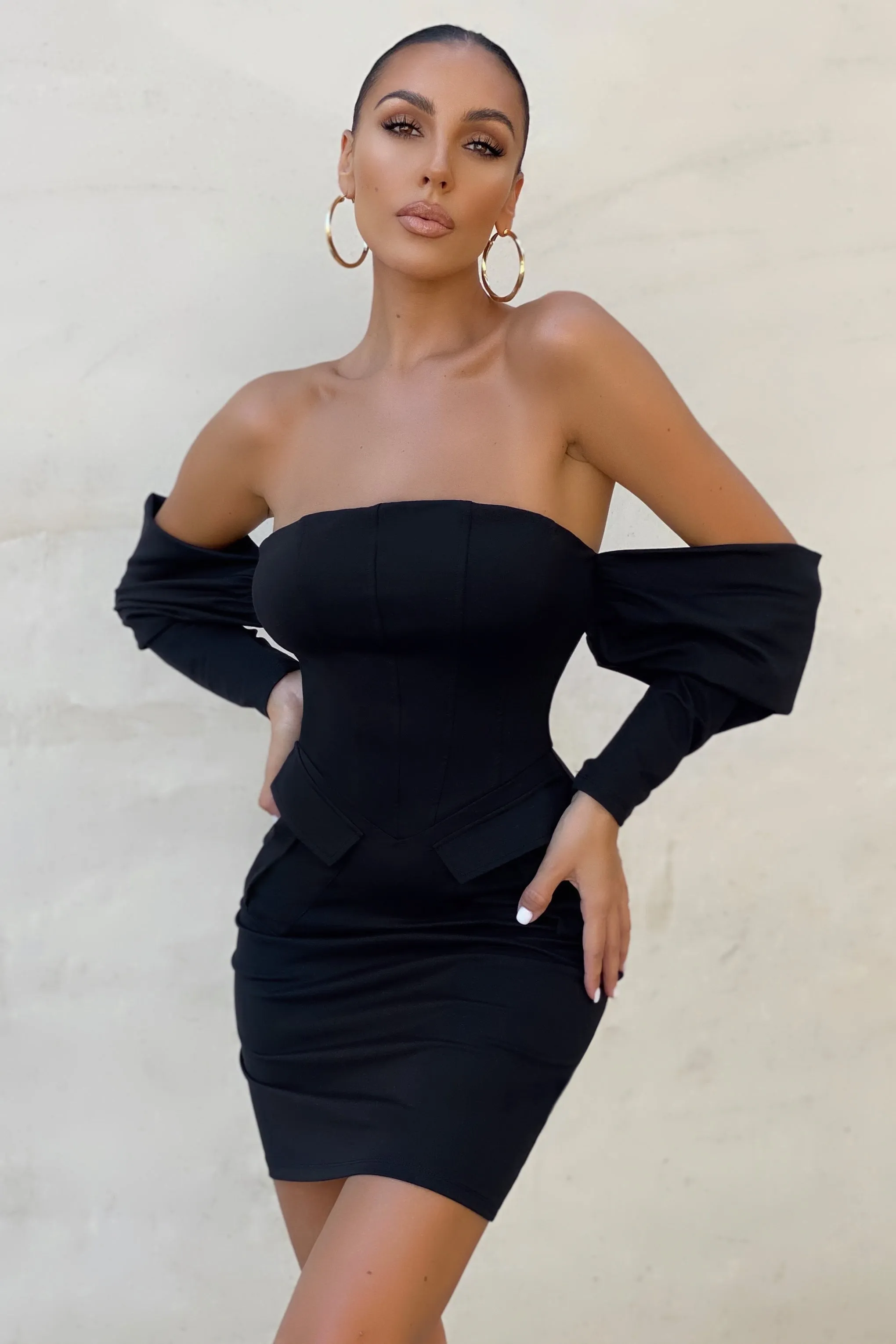 Off Duty | Black Bardot Corset Drape Front Mini Dress