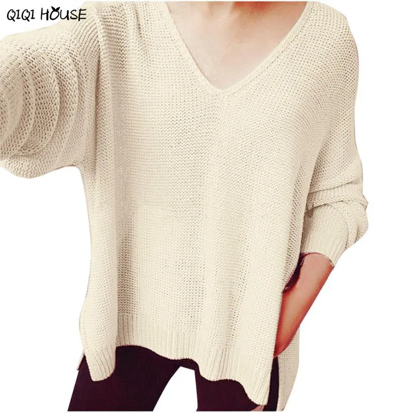 Oversized Sweater Solid Sexy V-Neck Long Sleeve Loose Autumn Outwear Pullovers Sweater Knitwear Casaco Feminino#C112 SM6