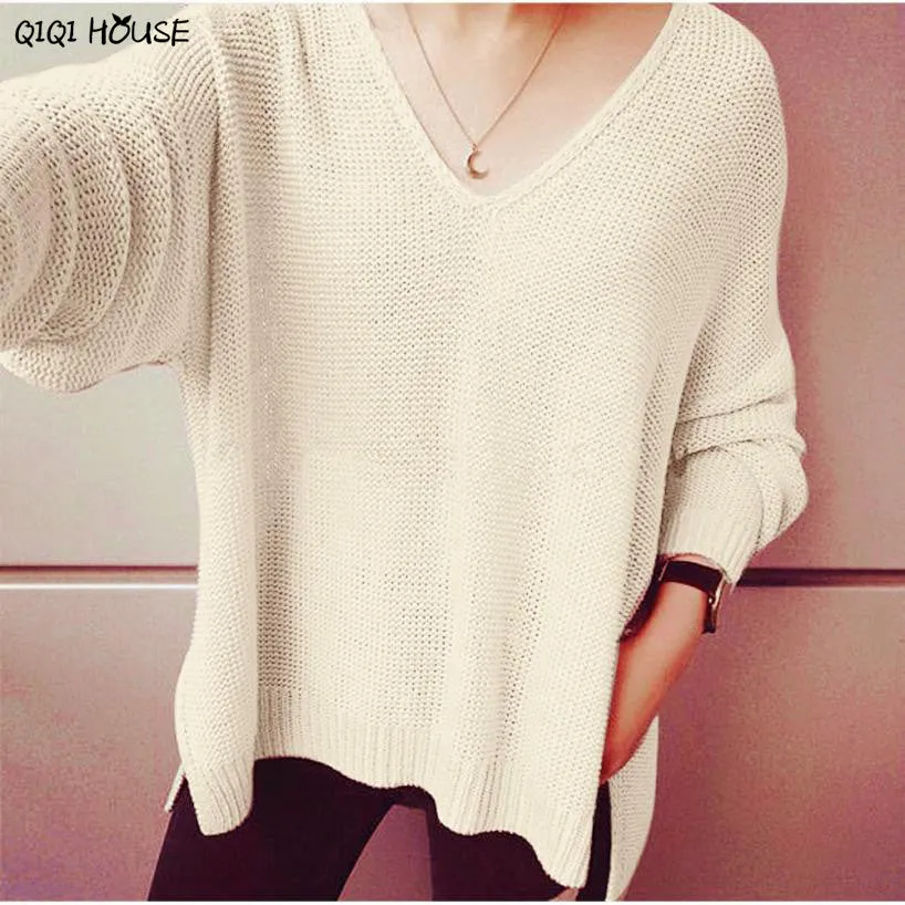 Oversized Sweater Solid Sexy V-Neck Long Sleeve Loose Autumn Outwear Pullovers Sweater Knitwear Casaco Feminino#C112 SM6