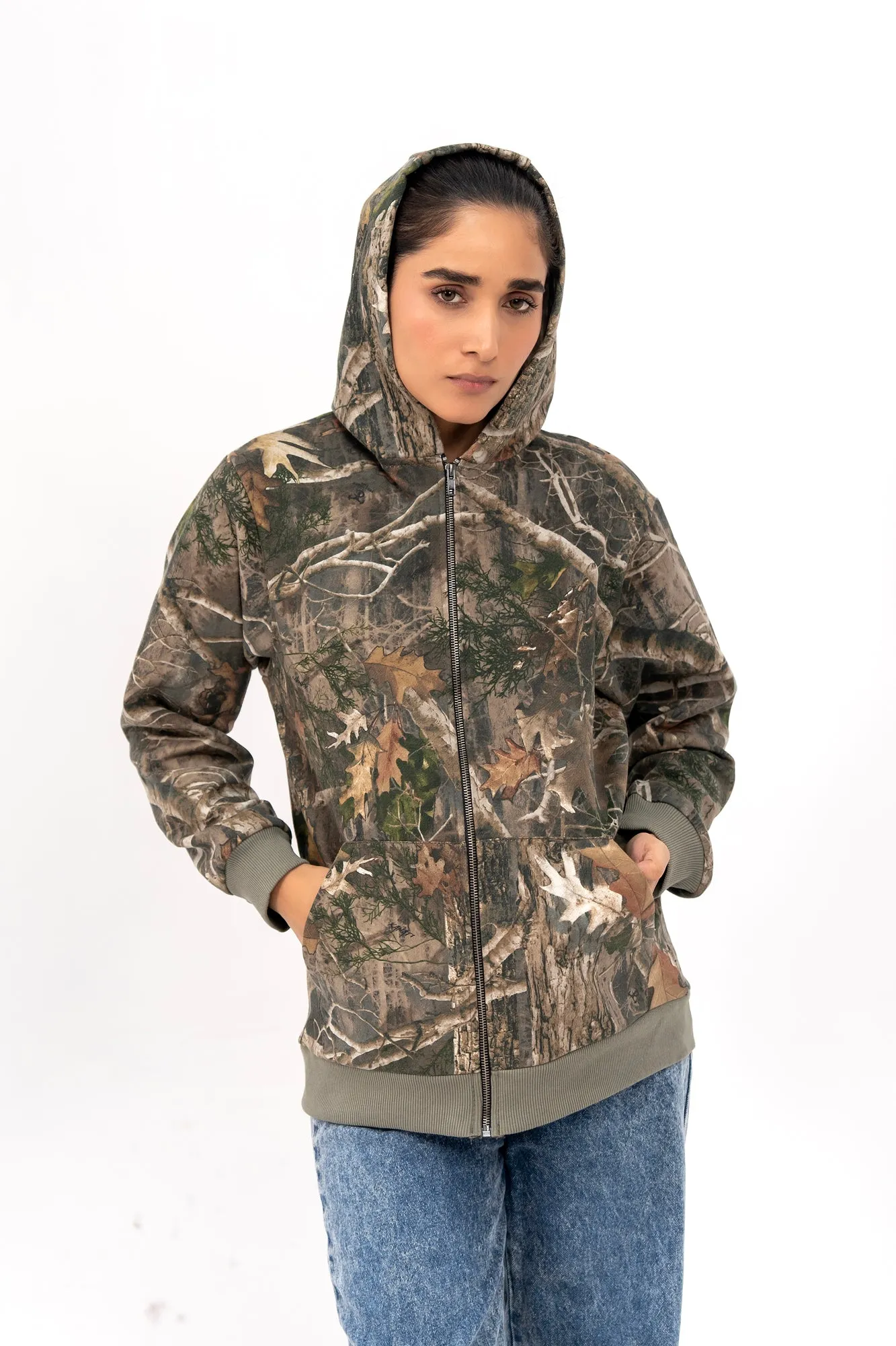 Oversized Zipper Hoodie - Printed Forest Green