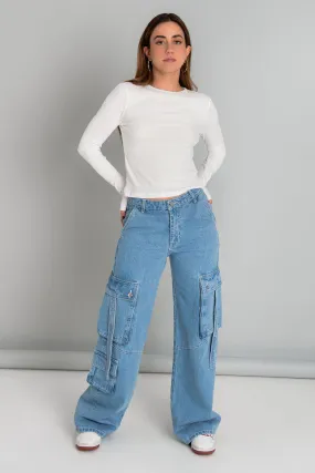 Pantalón cargo multipocket de denim fit wide leg