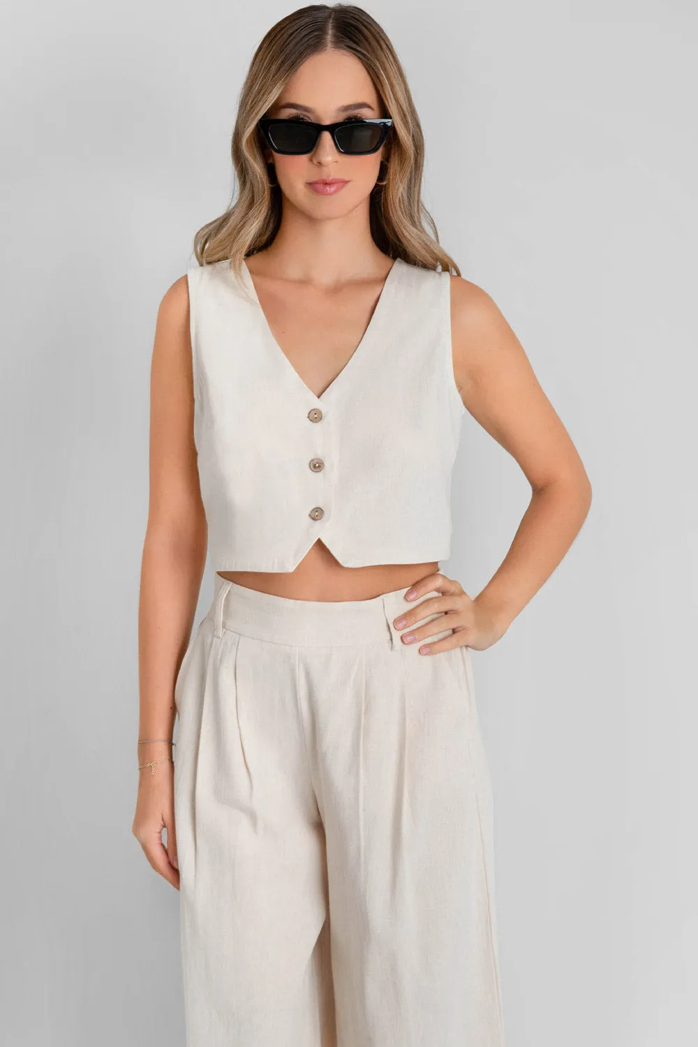 Pantalón de lino fit culotte con pinzas