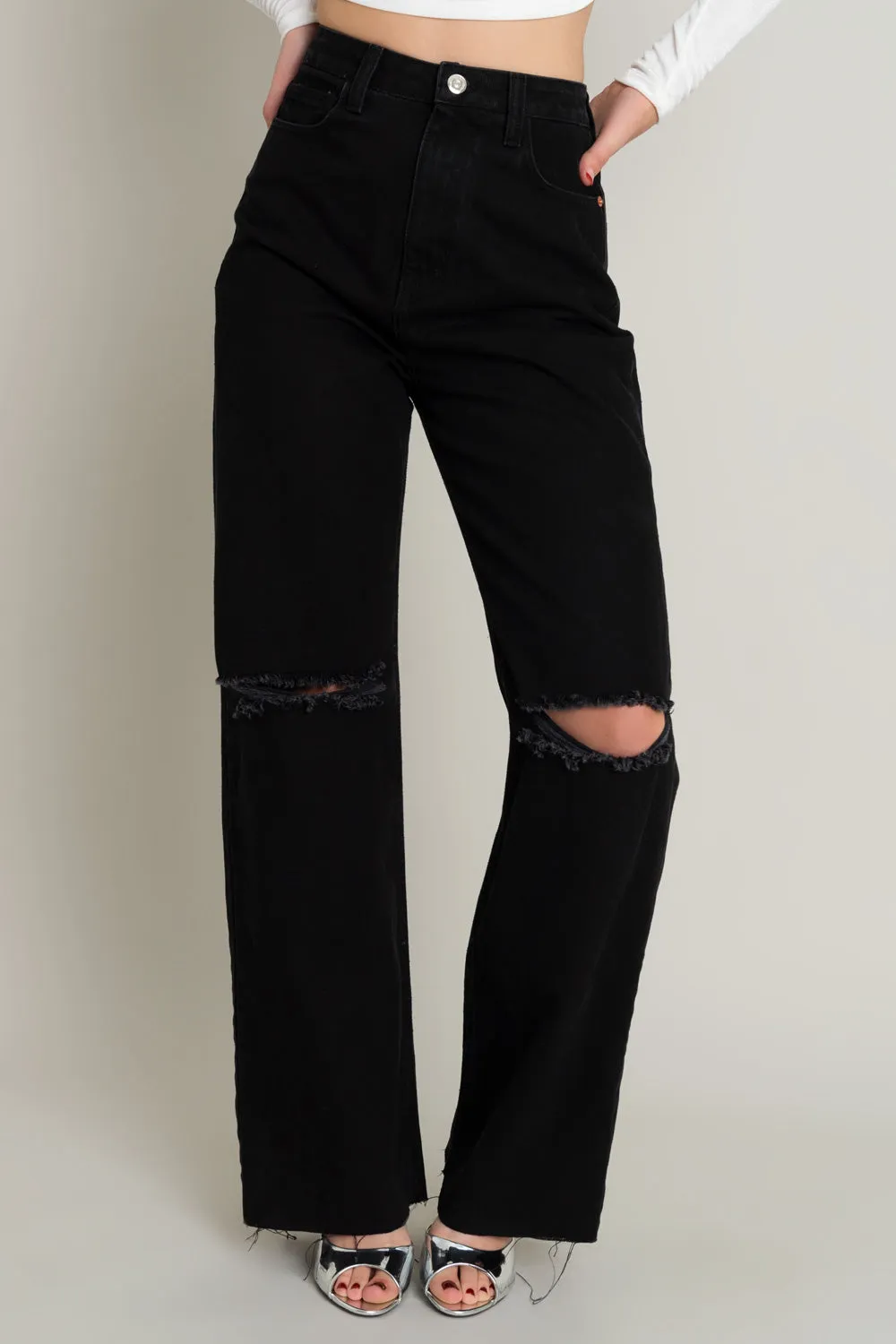 Pantalón denim wide leg con rotos