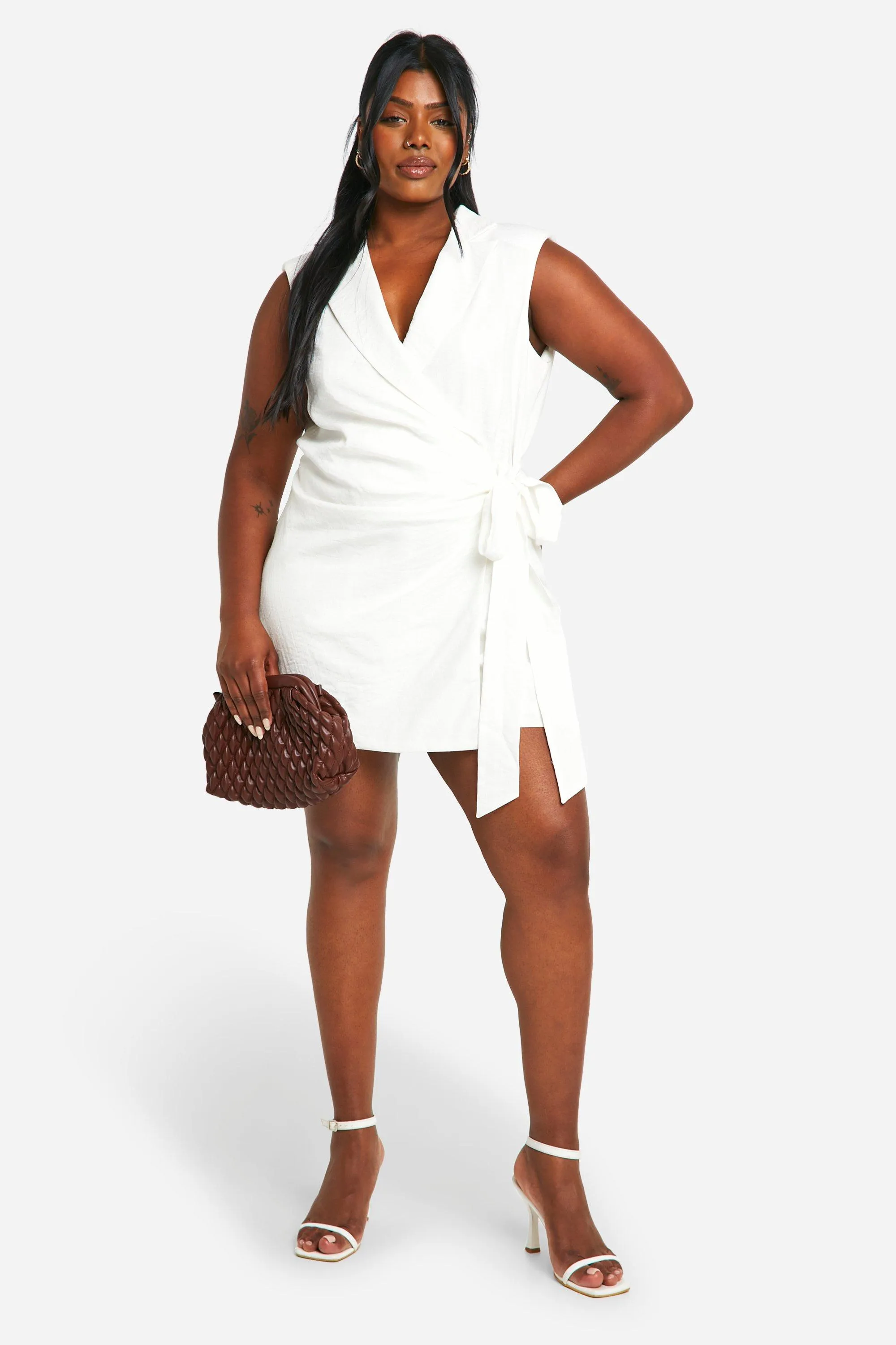 Plus Linen Wrap Blazer Romper