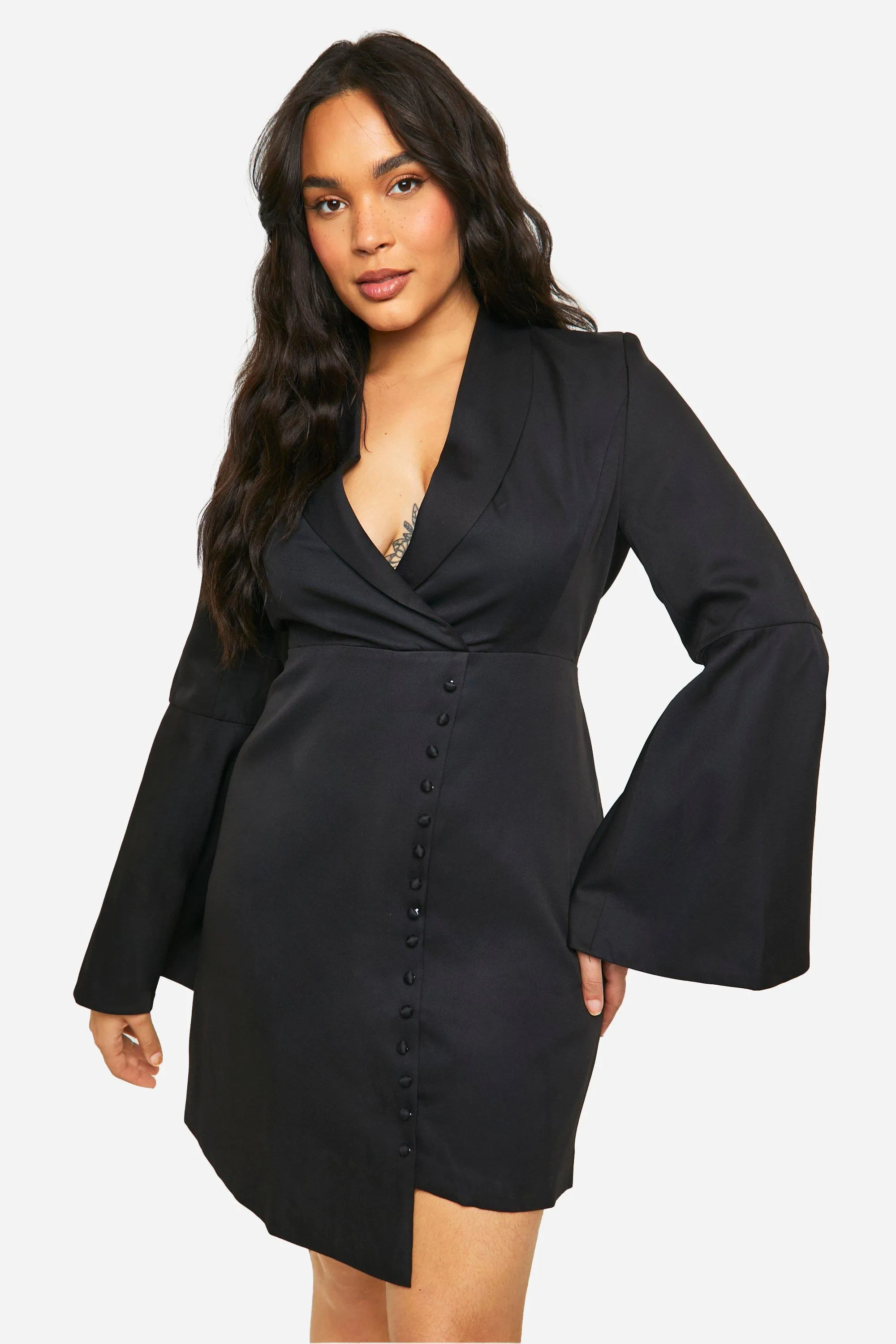 Plus Self Fabric Flare Sleeve Blazer Dress