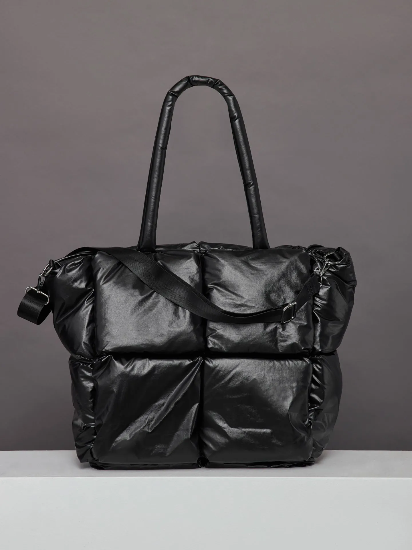 Quilted Tote Bag with Removable Strap - Black Shine