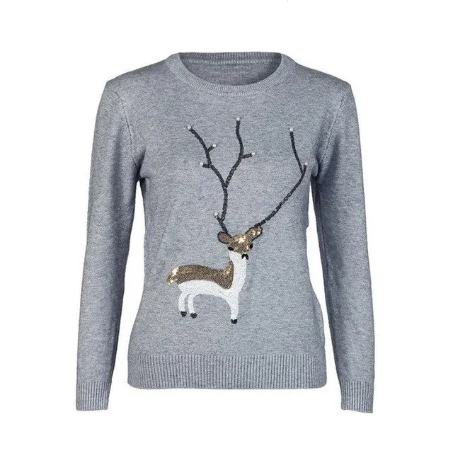 Red Christmas Sweater Women Deer Pearl Sequins Winter Autumn Pullovers Long Sleeve Pullover Chandail Femme#A12 SM6