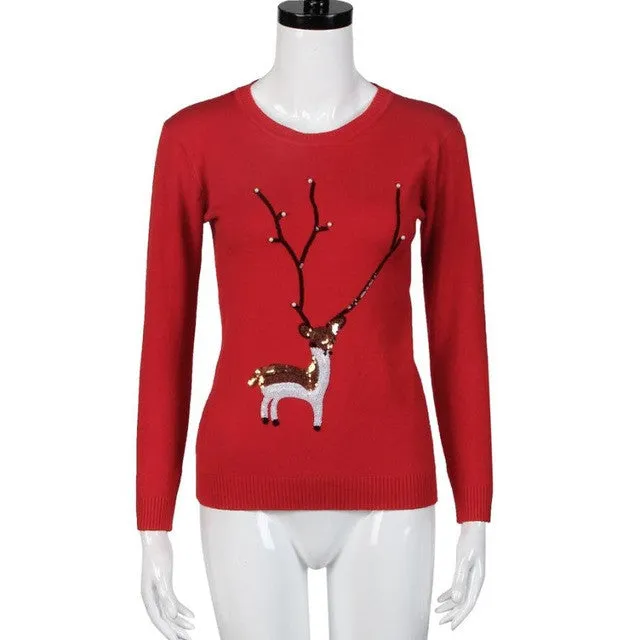 Red Christmas Sweater Women Deer Pearl Sequins Winter Autumn Pullovers Long Sleeve Pullover Chandail Femme#A12 SM6