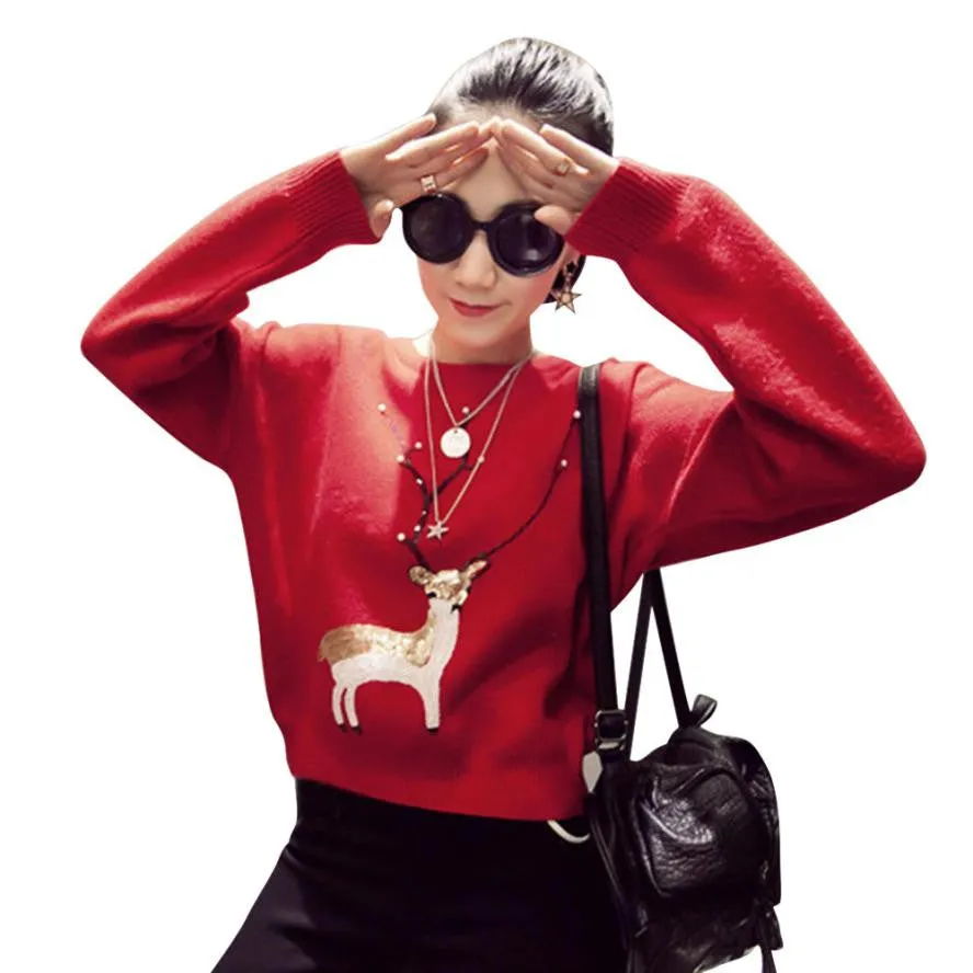 Red Christmas Sweater Women Deer Pearl Sequins Winter Autumn Pullovers Long Sleeve Pullover Chandail Femme#A12 SM6