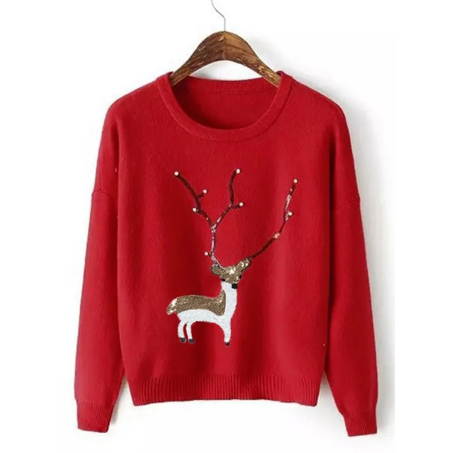 Red Christmas Sweater Women Deer Pearl Sequins Winter Autumn Pullovers Long Sleeve Pullover Chandail Femme#A12 SM6