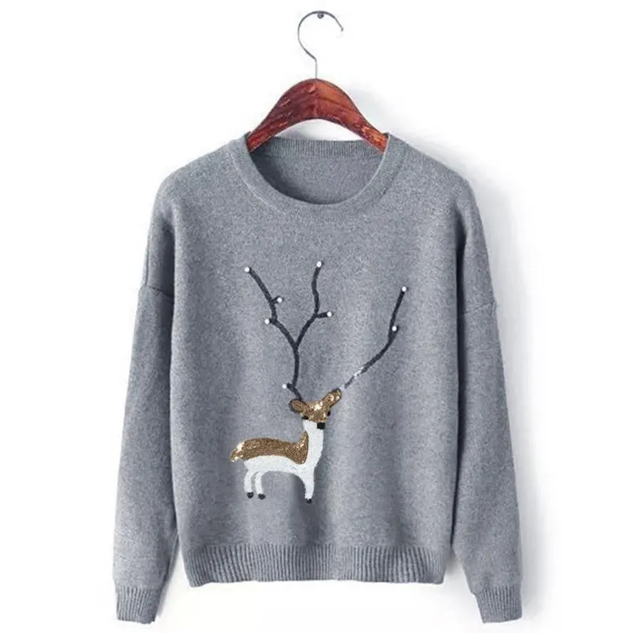 Red Christmas Sweater Women Deer Pearl Sequins Winter Autumn Pullovers Long Sleeve Pullover Chandail Femme#A12 SM6