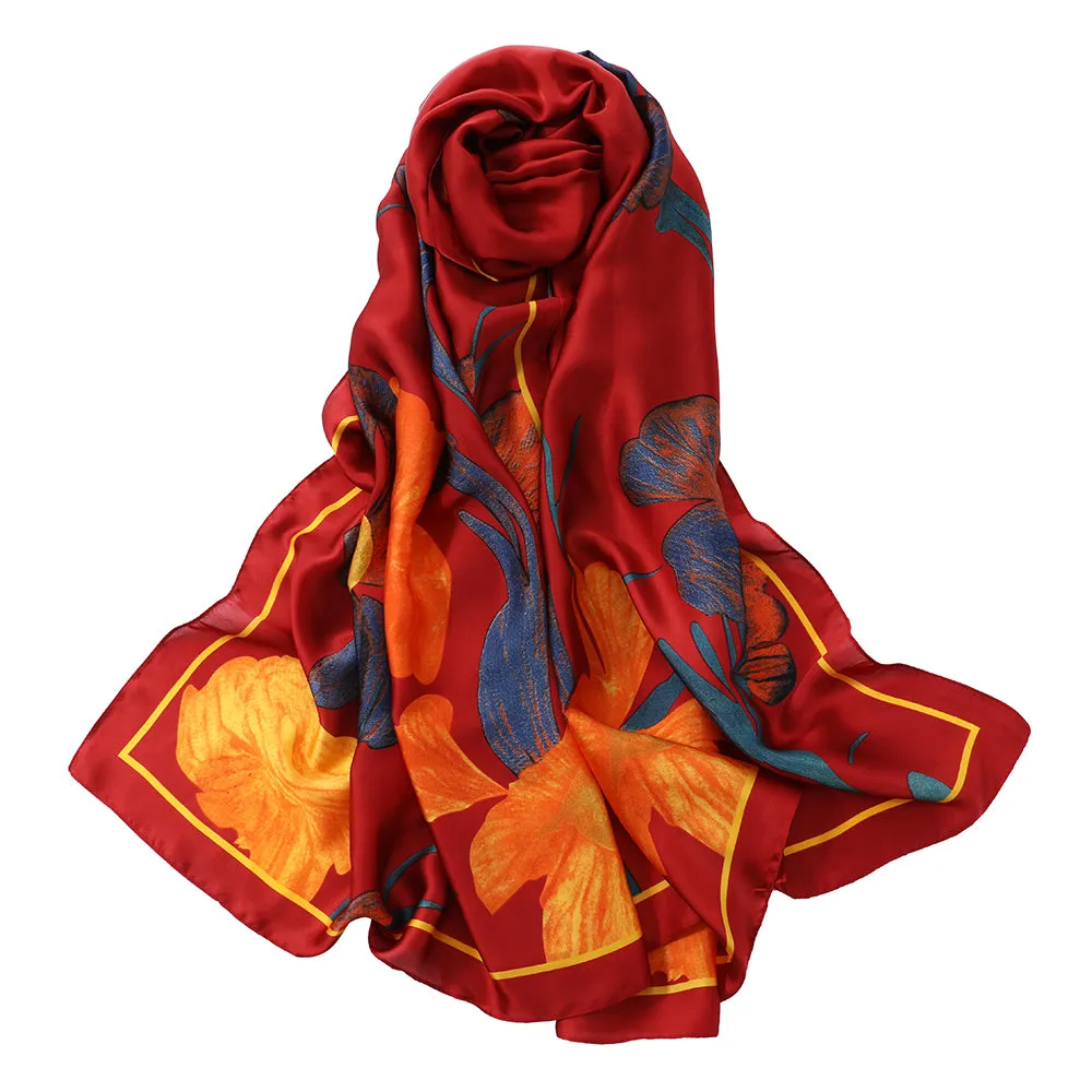 Red Floral Faux Silk Scarf