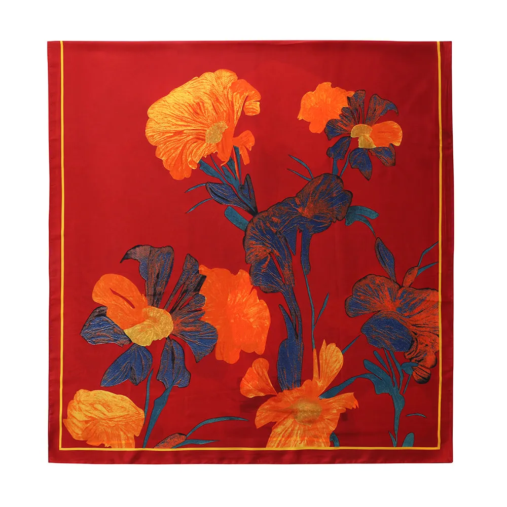 Red Floral Faux Silk Scarf