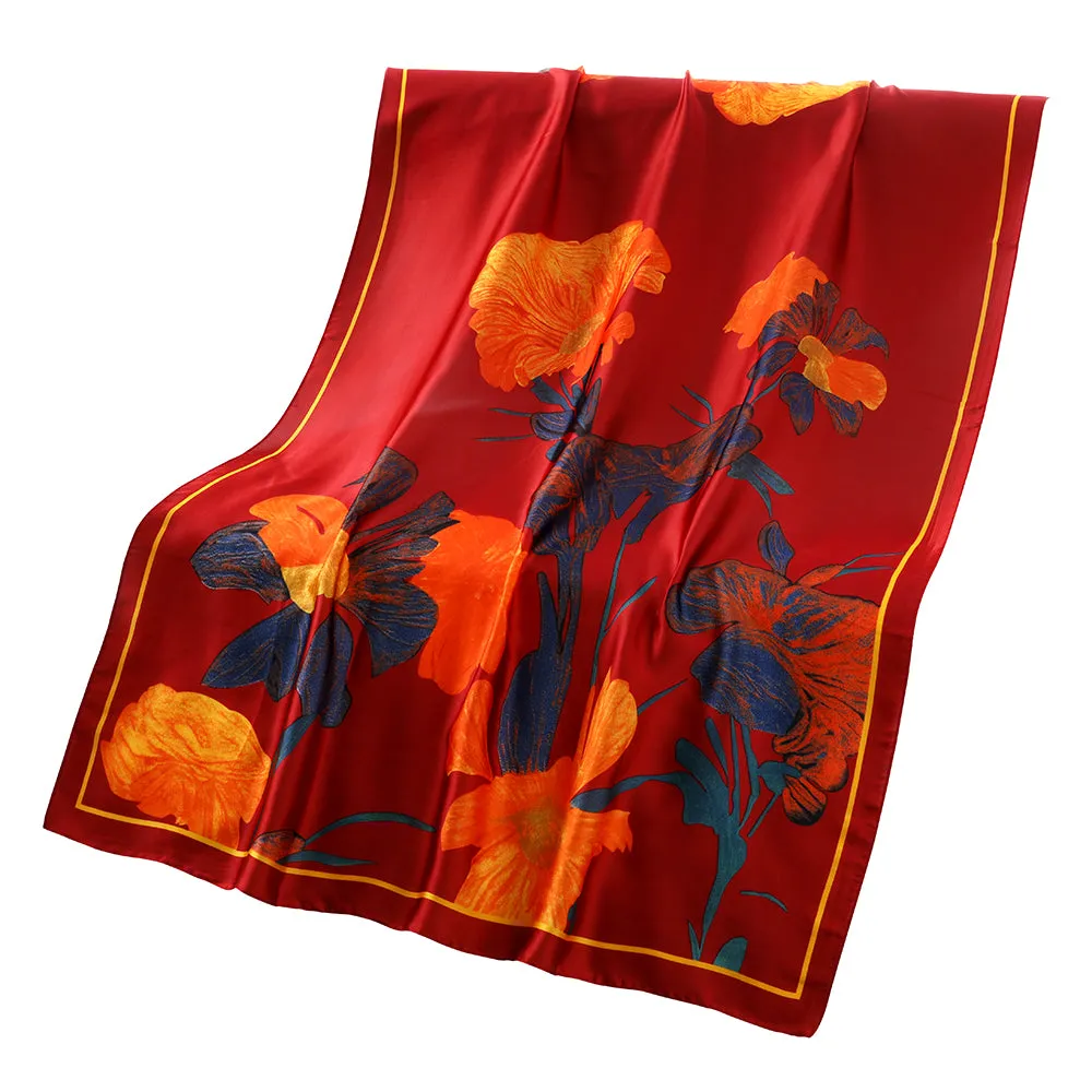 Red Floral Faux Silk Scarf