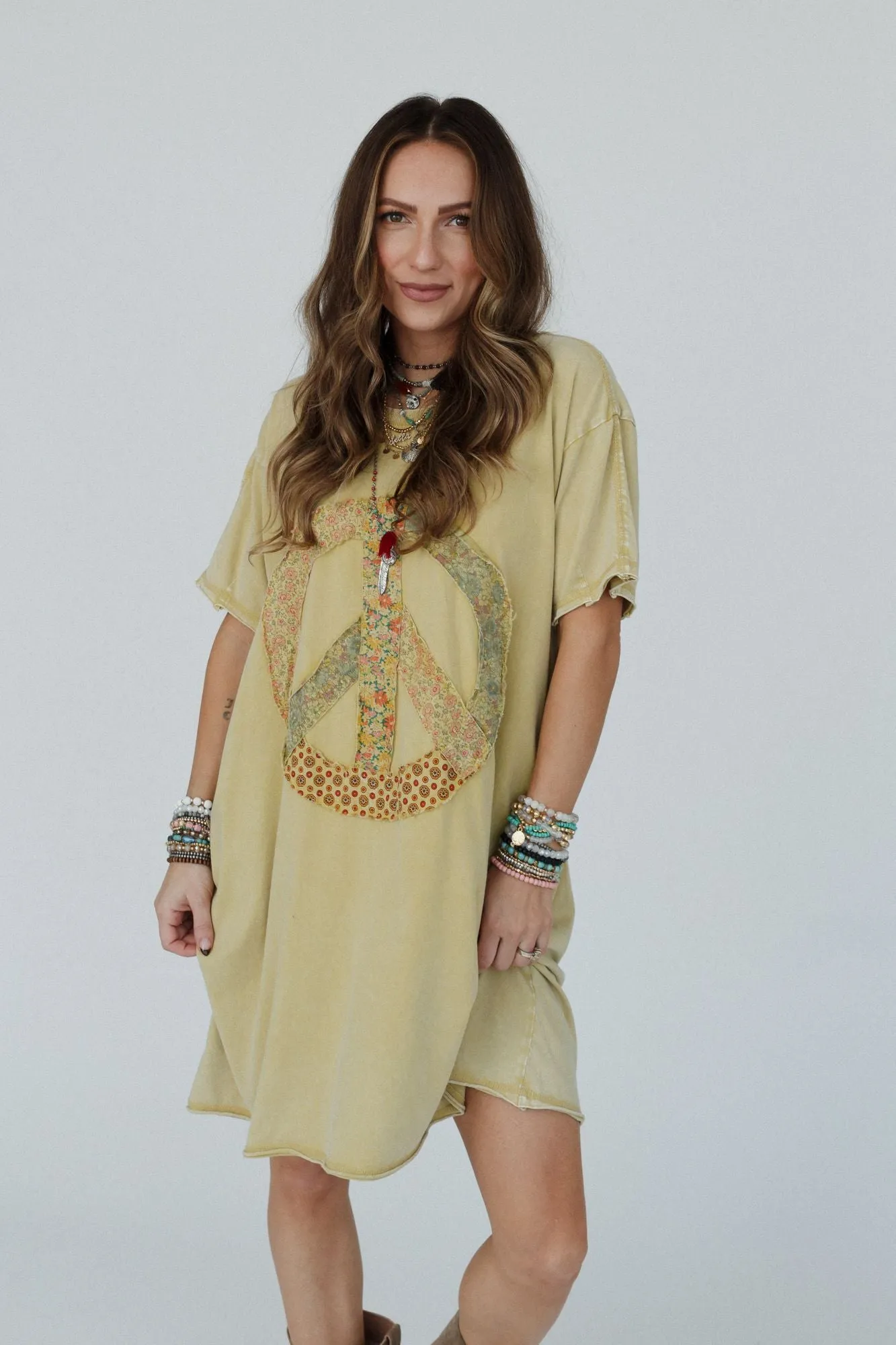 Retro Peace Tunic Top - Mustard