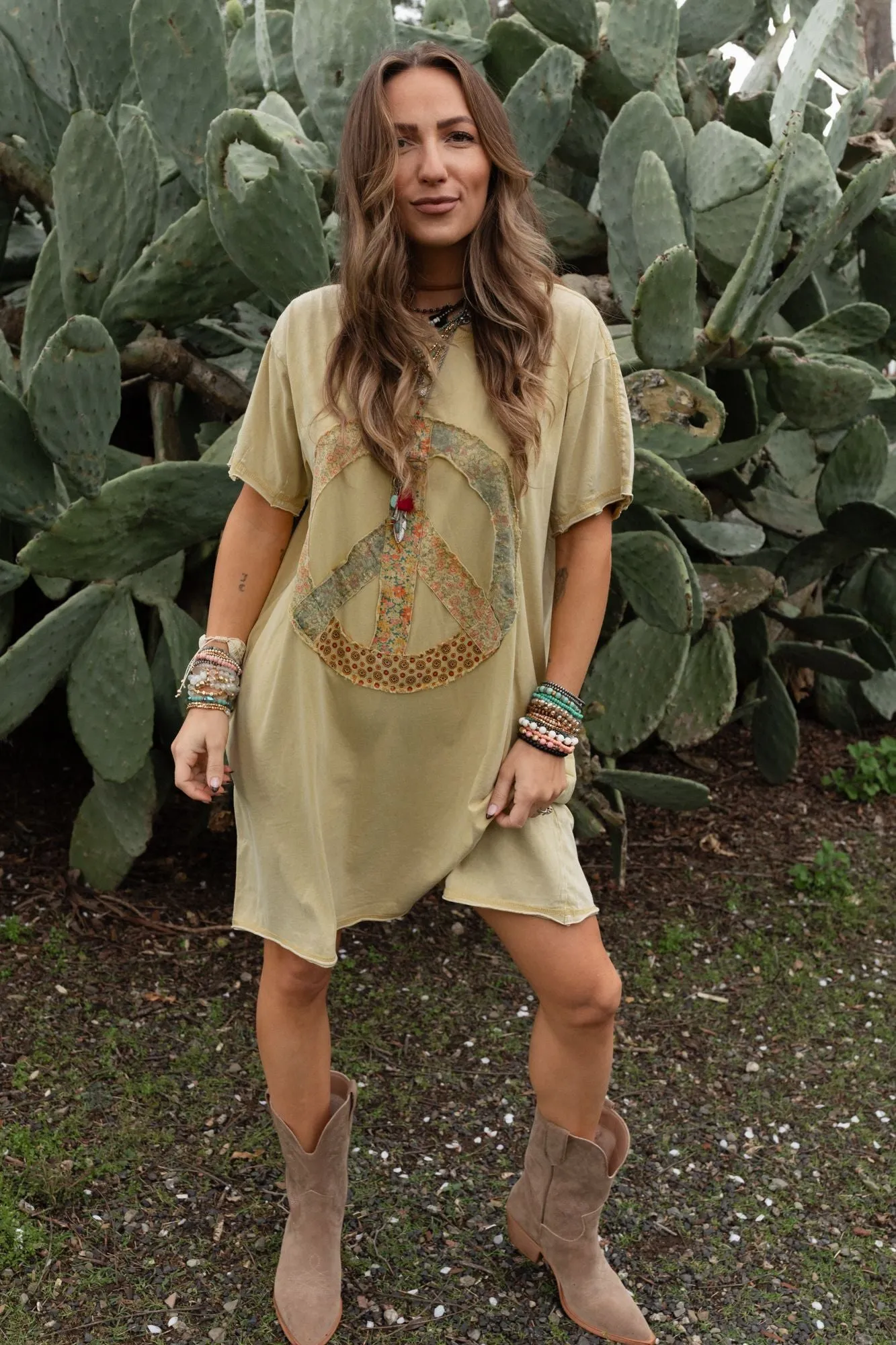 Retro Peace Tunic Top - Mustard