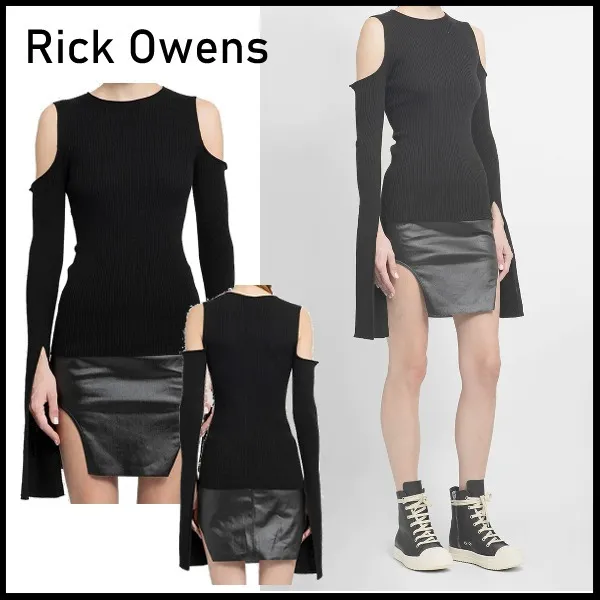 RICK OWENS  |Wool Rib Long Sleeves Elegant Style V-neck & Crew neck