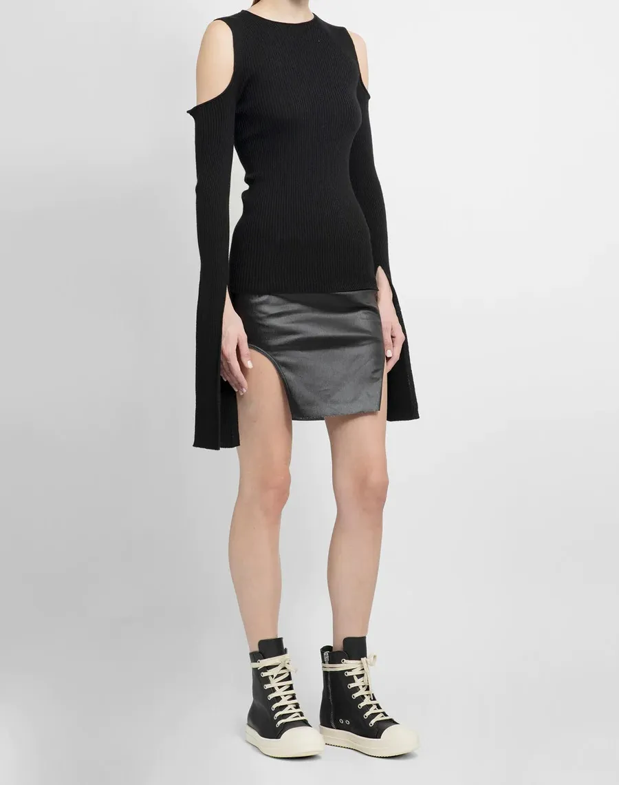 RICK OWENS  |Wool Rib Long Sleeves Elegant Style V-neck & Crew neck