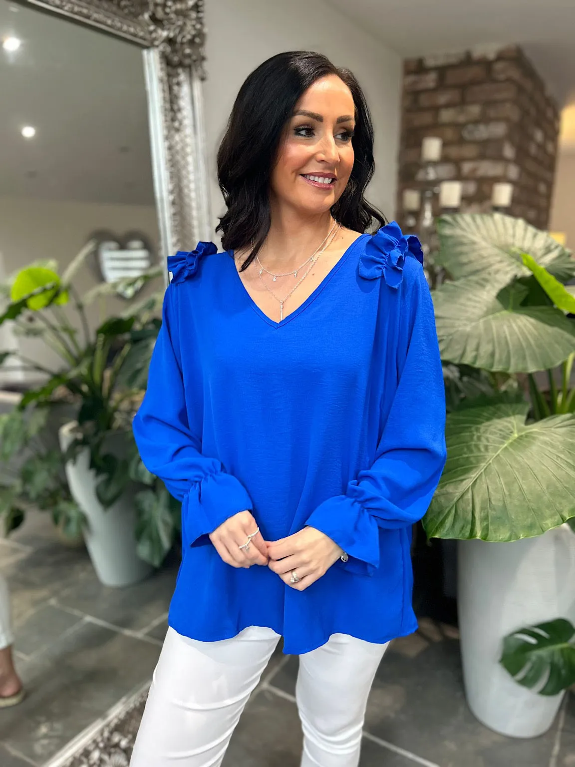 Royal Blue Crepe Frill Shoulder Blouse Danni