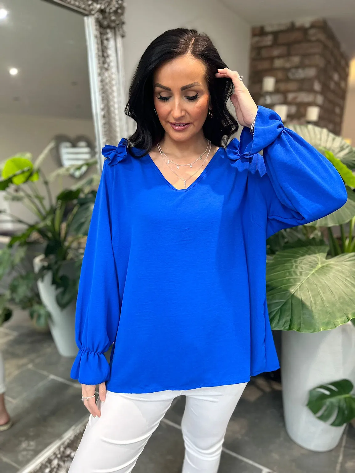 Royal Blue Crepe Frill Shoulder Blouse Danni