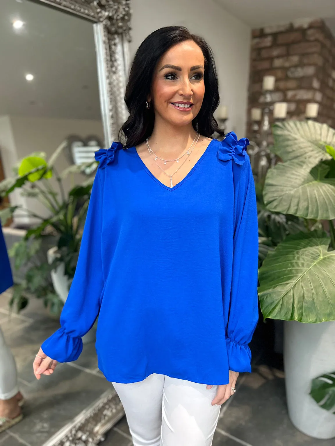 Royal Blue Crepe Frill Shoulder Blouse Danni