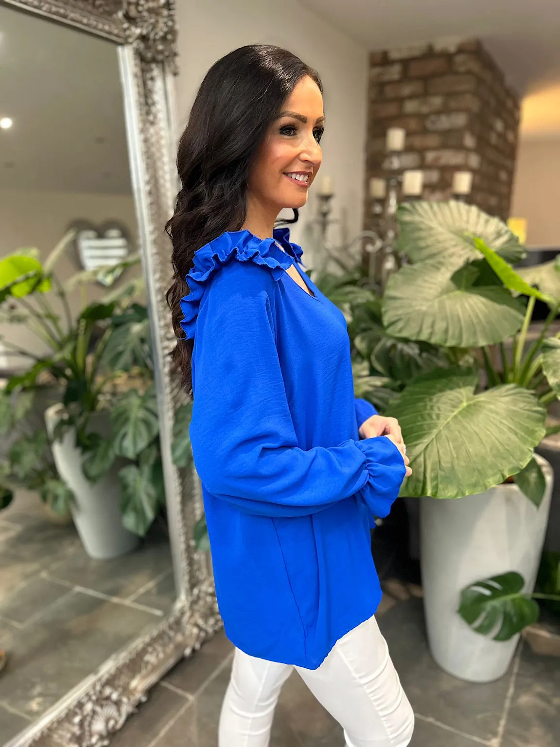 Royal Blue Crepe Frill Shoulder Blouse Danni