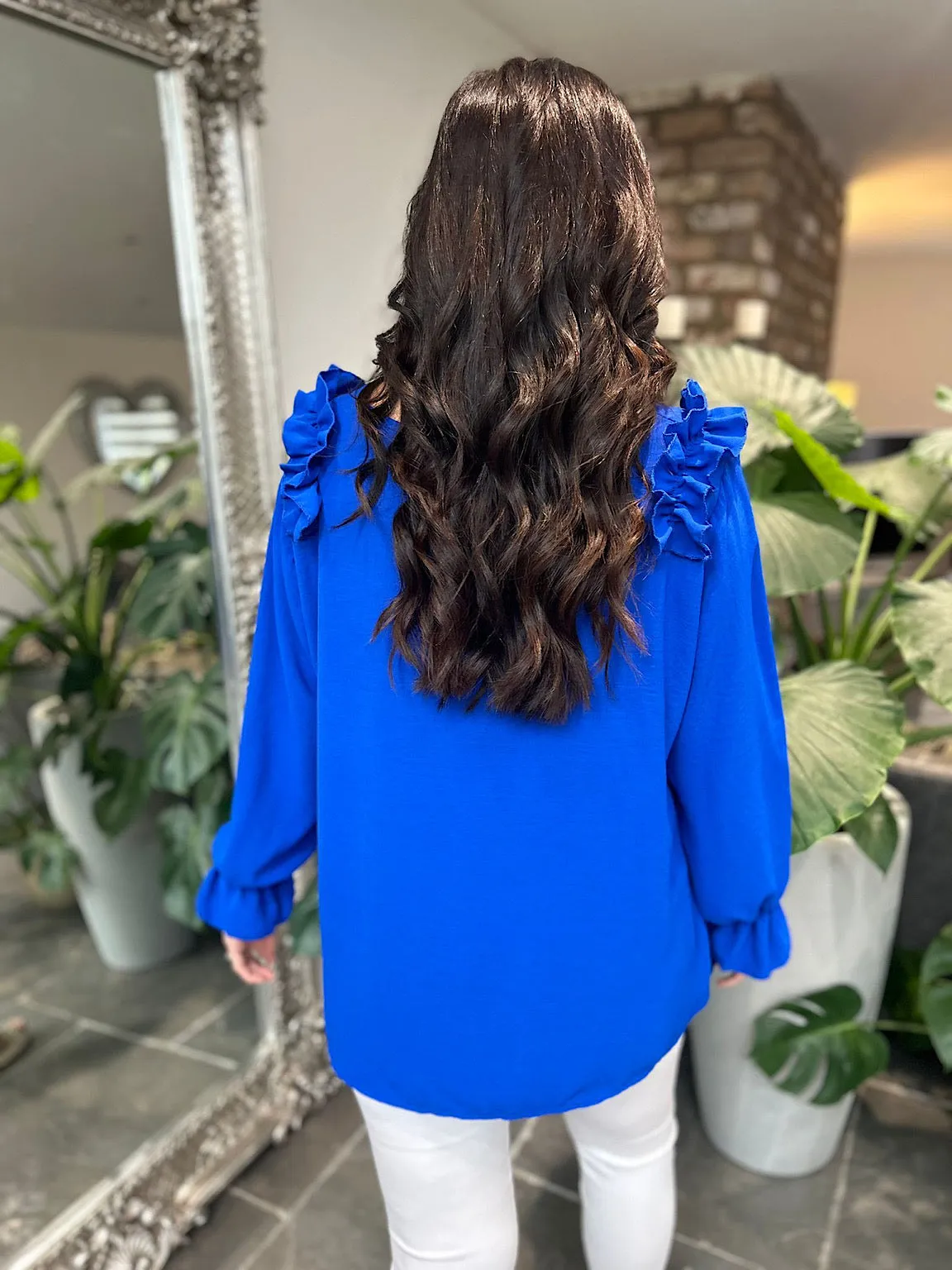 Royal Blue Crepe Frill Shoulder Blouse Danni