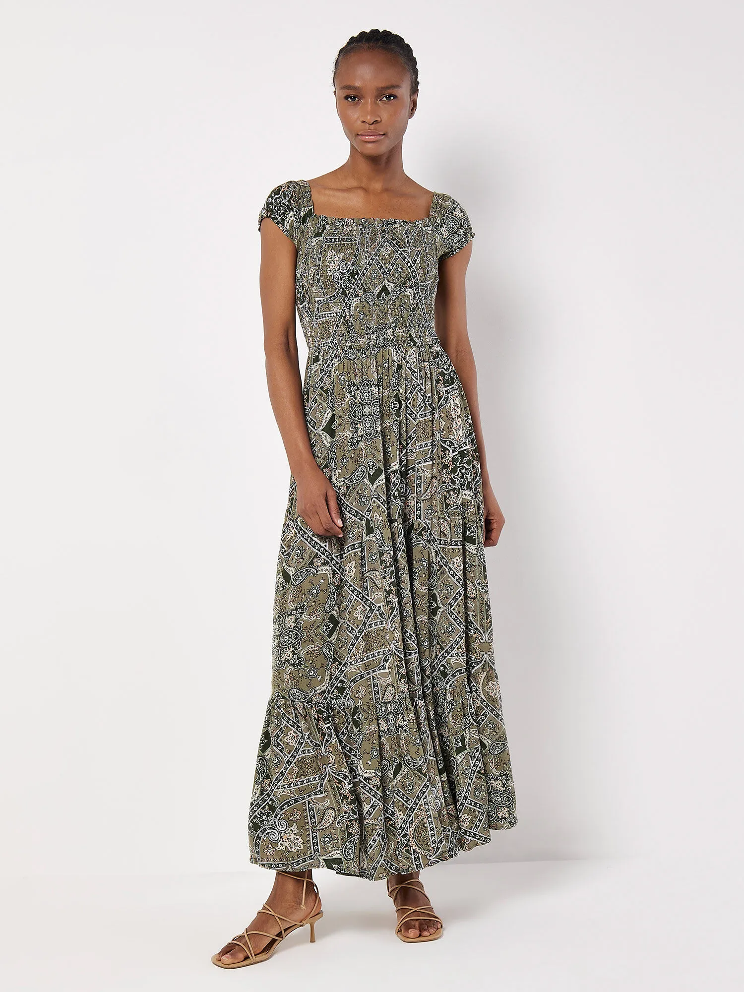 Scarf Print Milkmaid Maxi Dress | Apricot Clothing