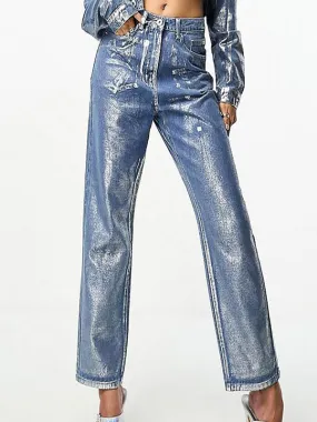 Sexy Metallic Straight Denim Jeans Women High Waist Casual Denim Pants 2023