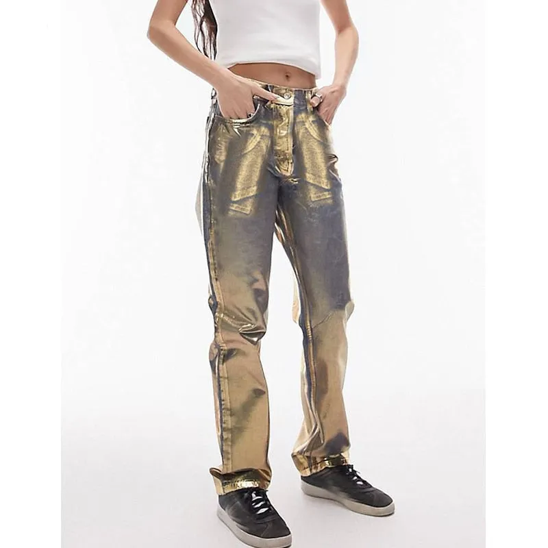 Sexy Metallic Straight Denim Jeans Women High Waist Casual Denim Pants 2023