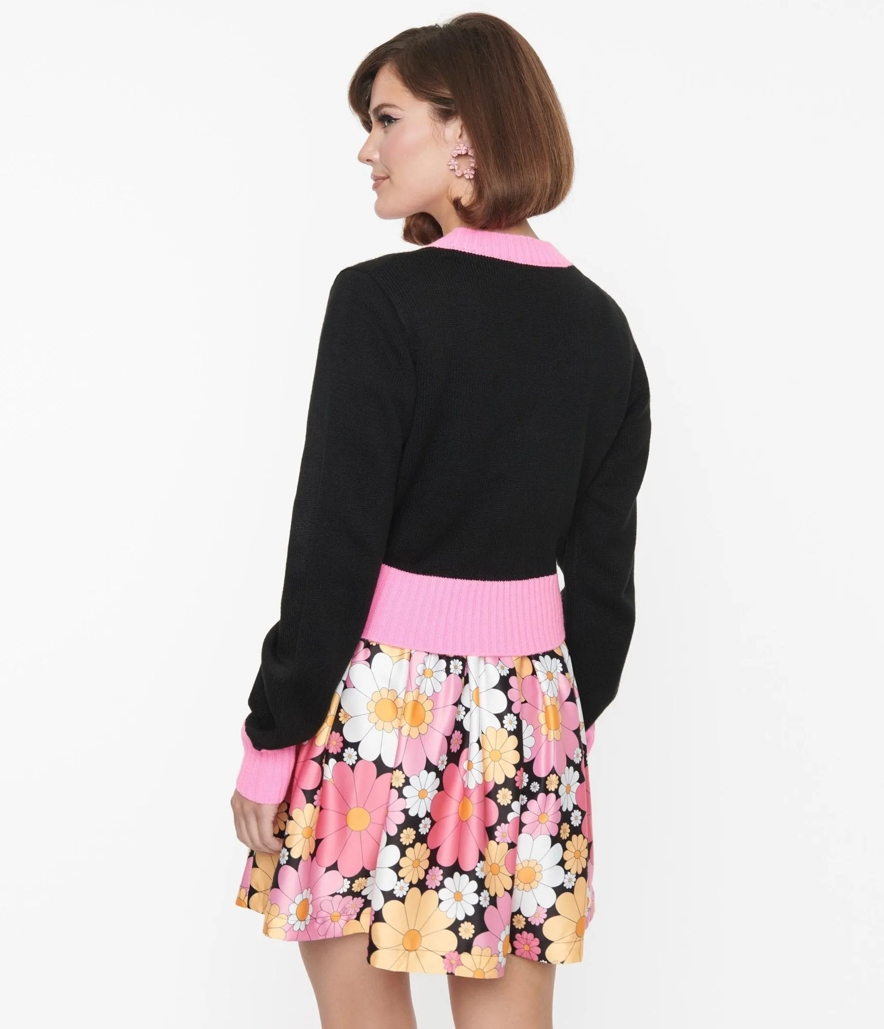 Smak Parlour Black & Pink Flower Pocket Cardigan