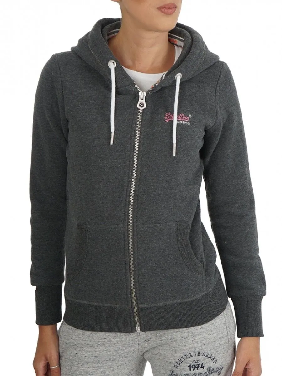 Superdry Womens Orange Label Zip Hooded Sweatshirts Foggy Charcoal