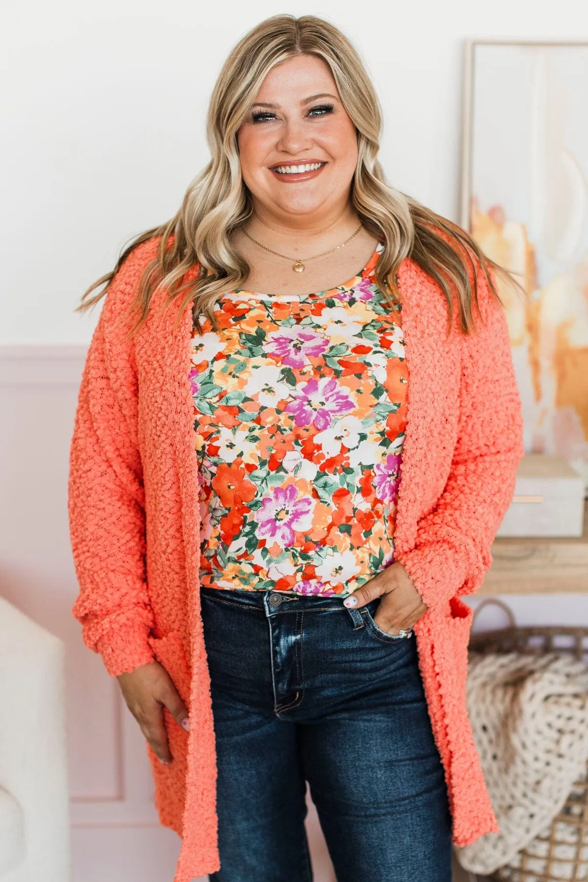 Take Another Look Popcorn Cardigan- Bright Coral