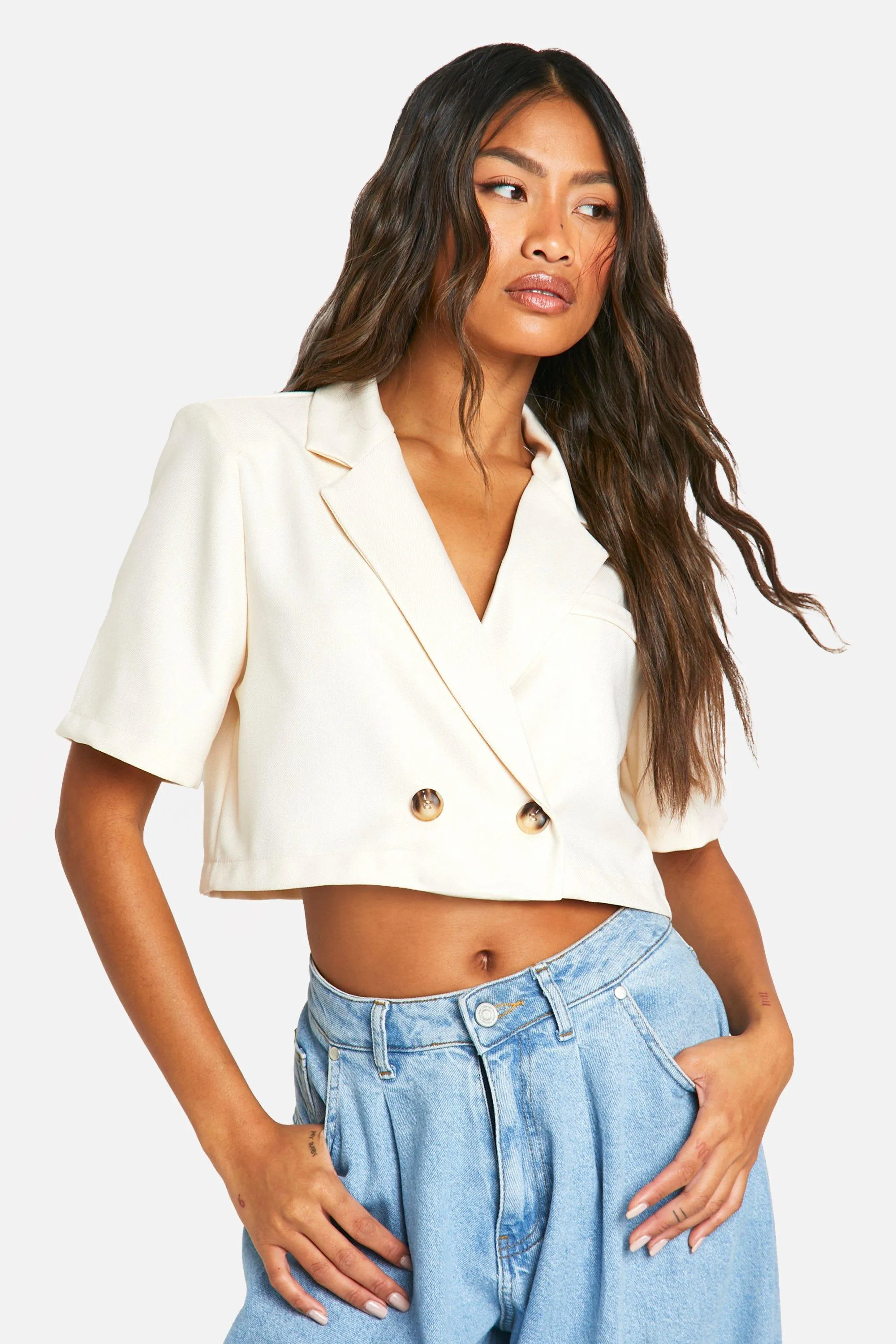 Textured Linen Look Cropped Blazer