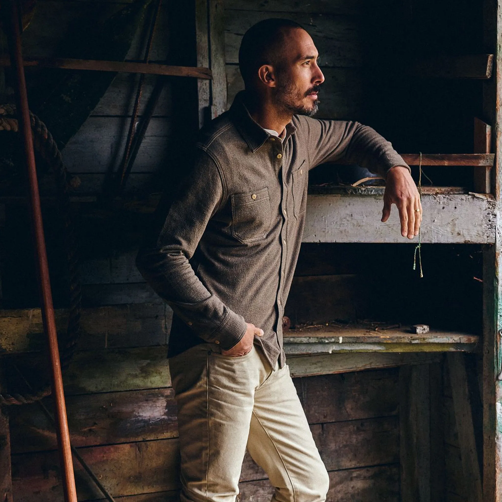 The Utility Shirt in Fatigue Olive French Terry Twill Knit