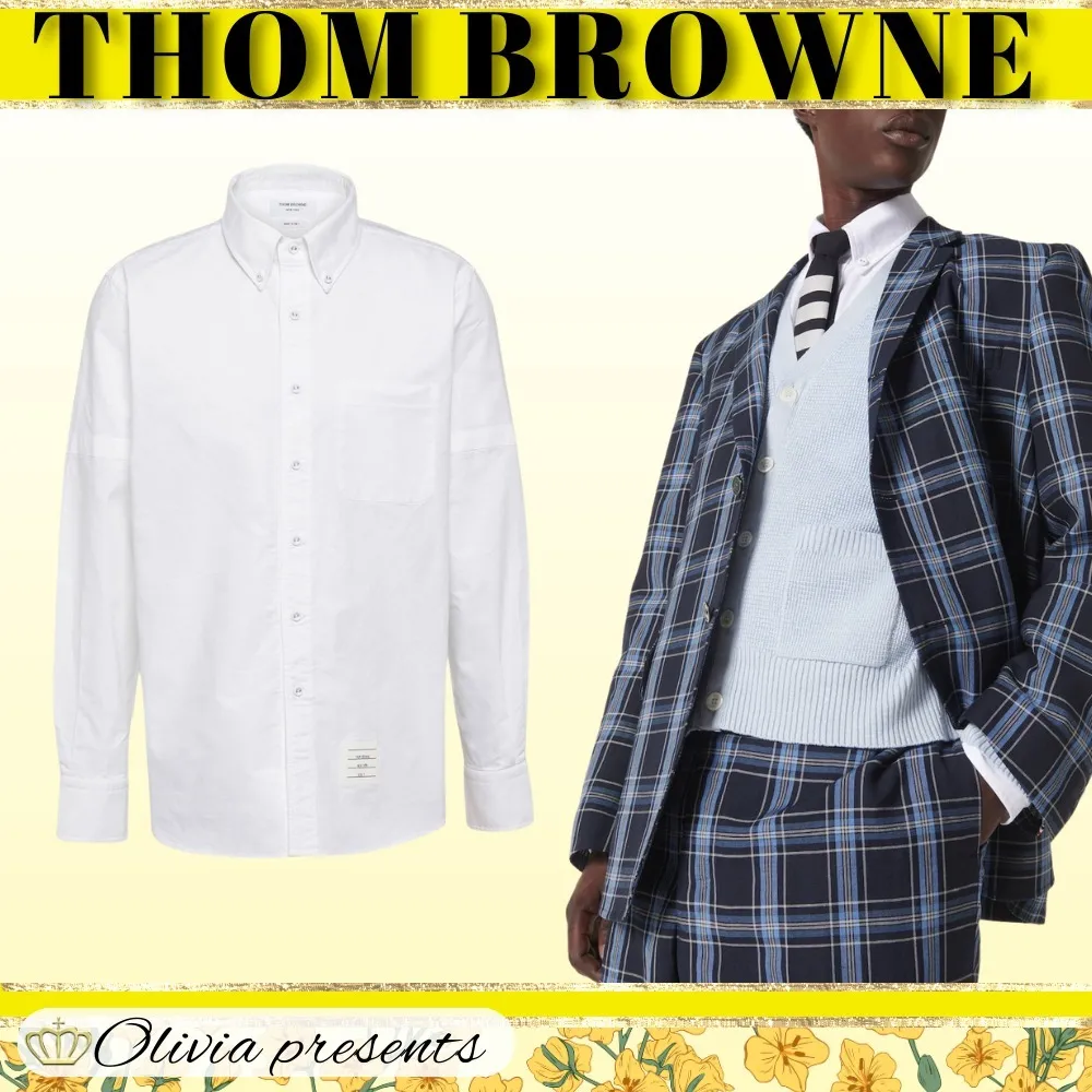 THOM BROWNE  |Long Sleeves Plain Cotton Logo Designers Shirts