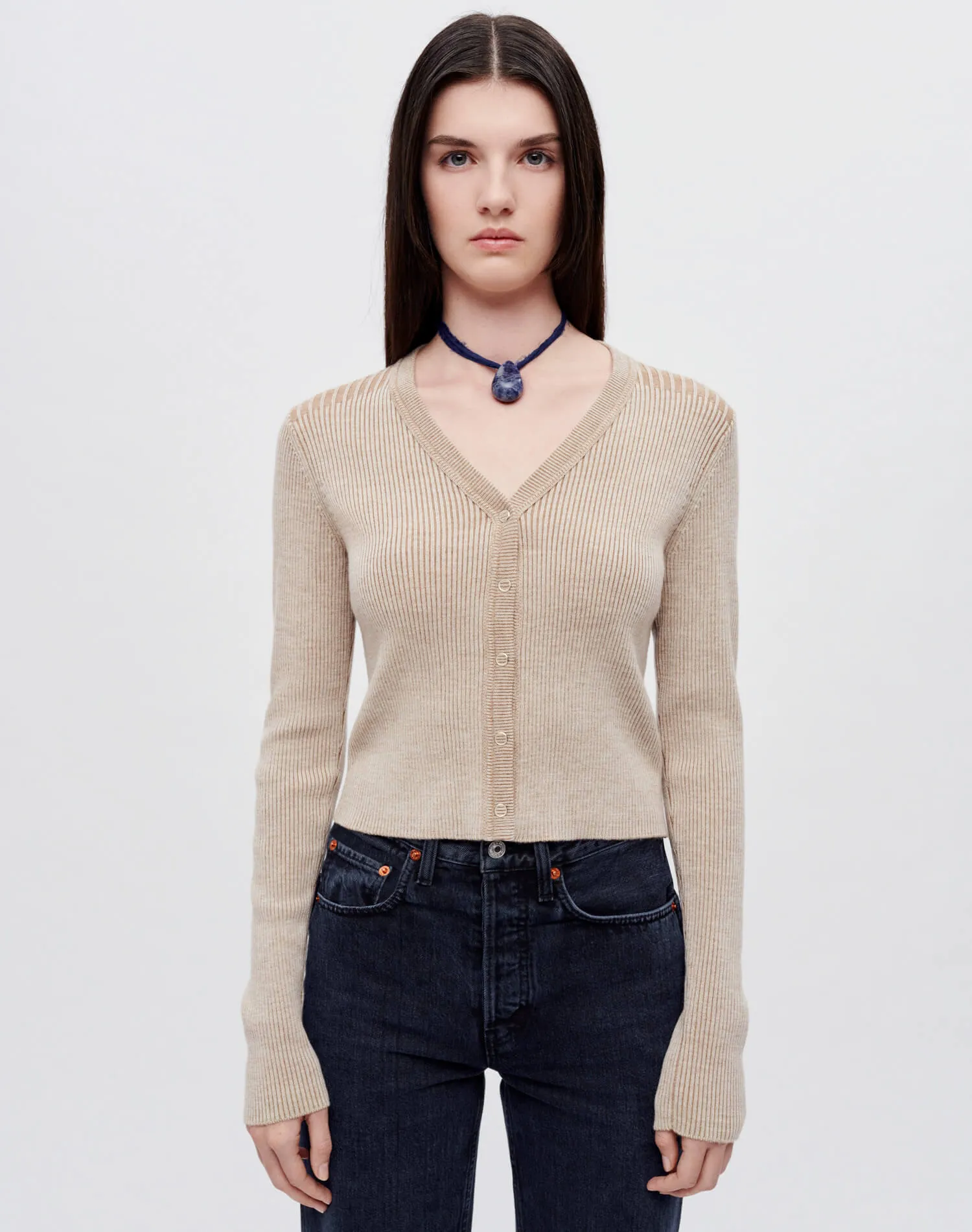 Tonal Ribbed Cardi - Light Walnut Combo