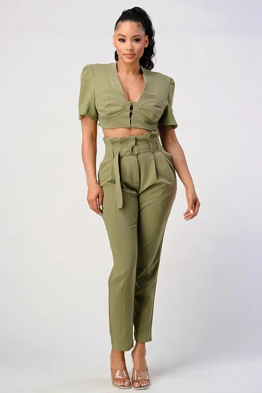 Two Piece Olive Hue Cropped Top And Belted Pant Set