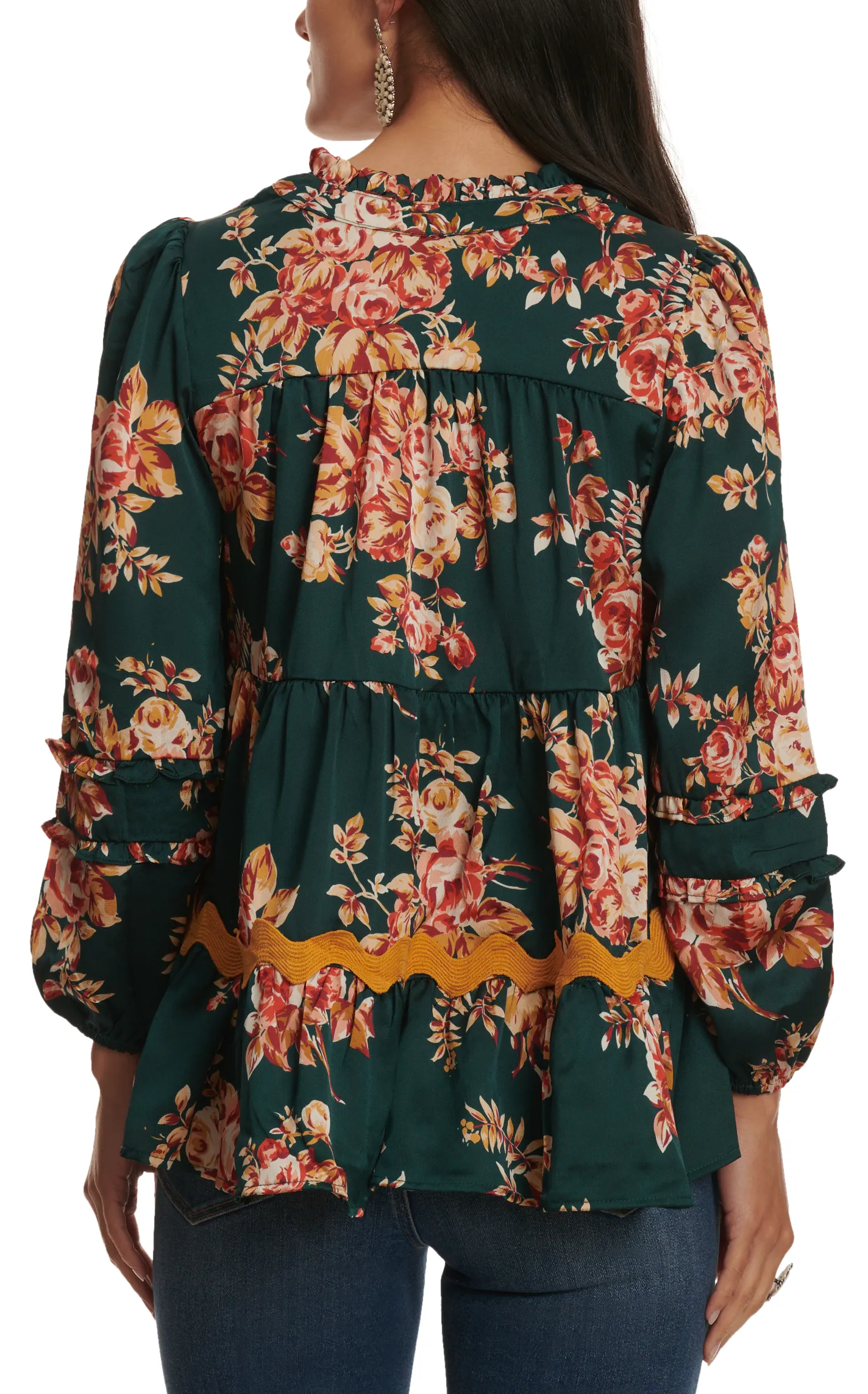 Umgee Women's Hunter Green Floral Print & Ricrac Ruffle Top