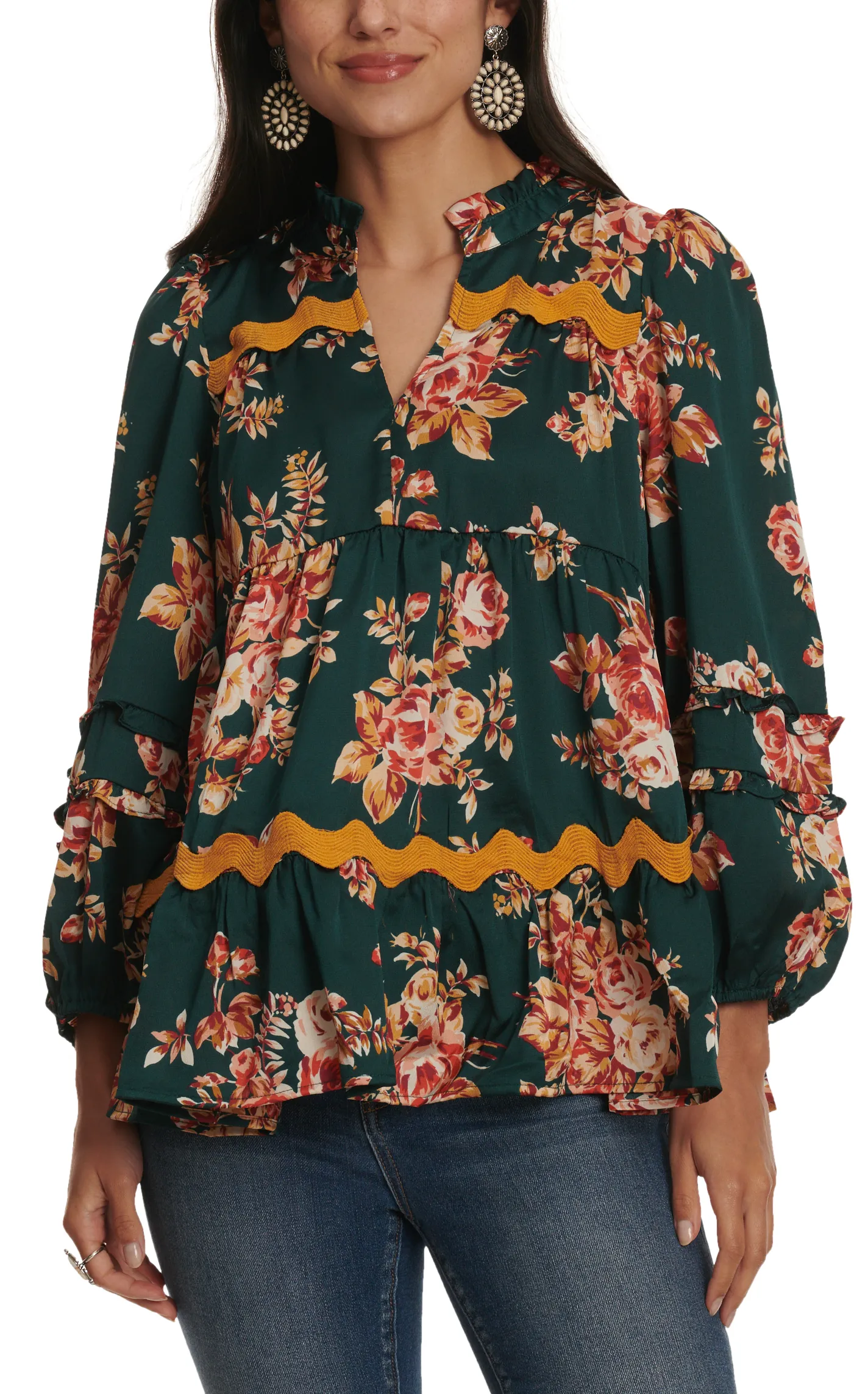 Umgee Women's Hunter Green Floral Print & Ricrac Ruffle Top